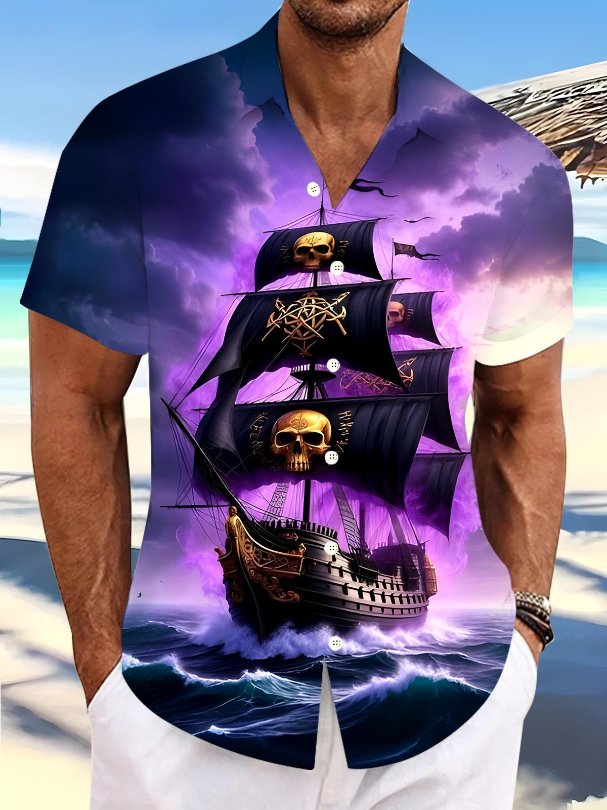 Hawaiian Skull Boat Men's Pocket Short Sleeve Shirts