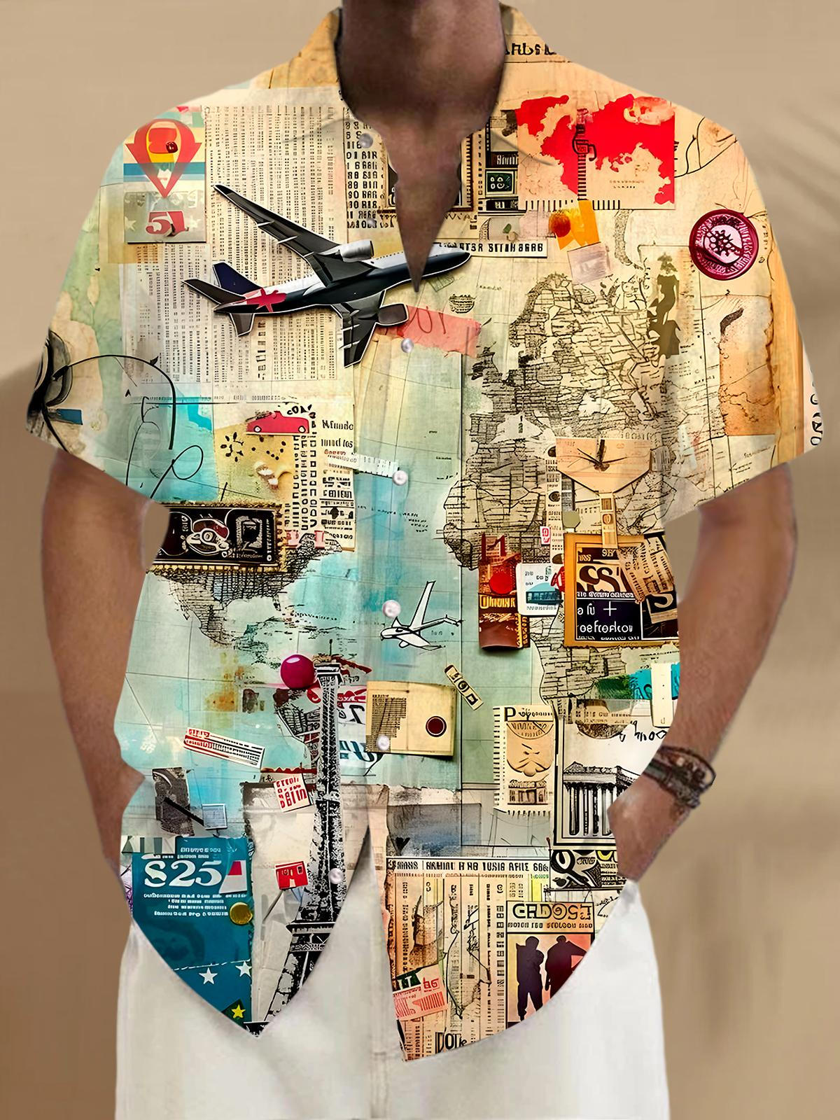 Vacation Travel Airplane Men's Pocket Short Sleeve Shirts