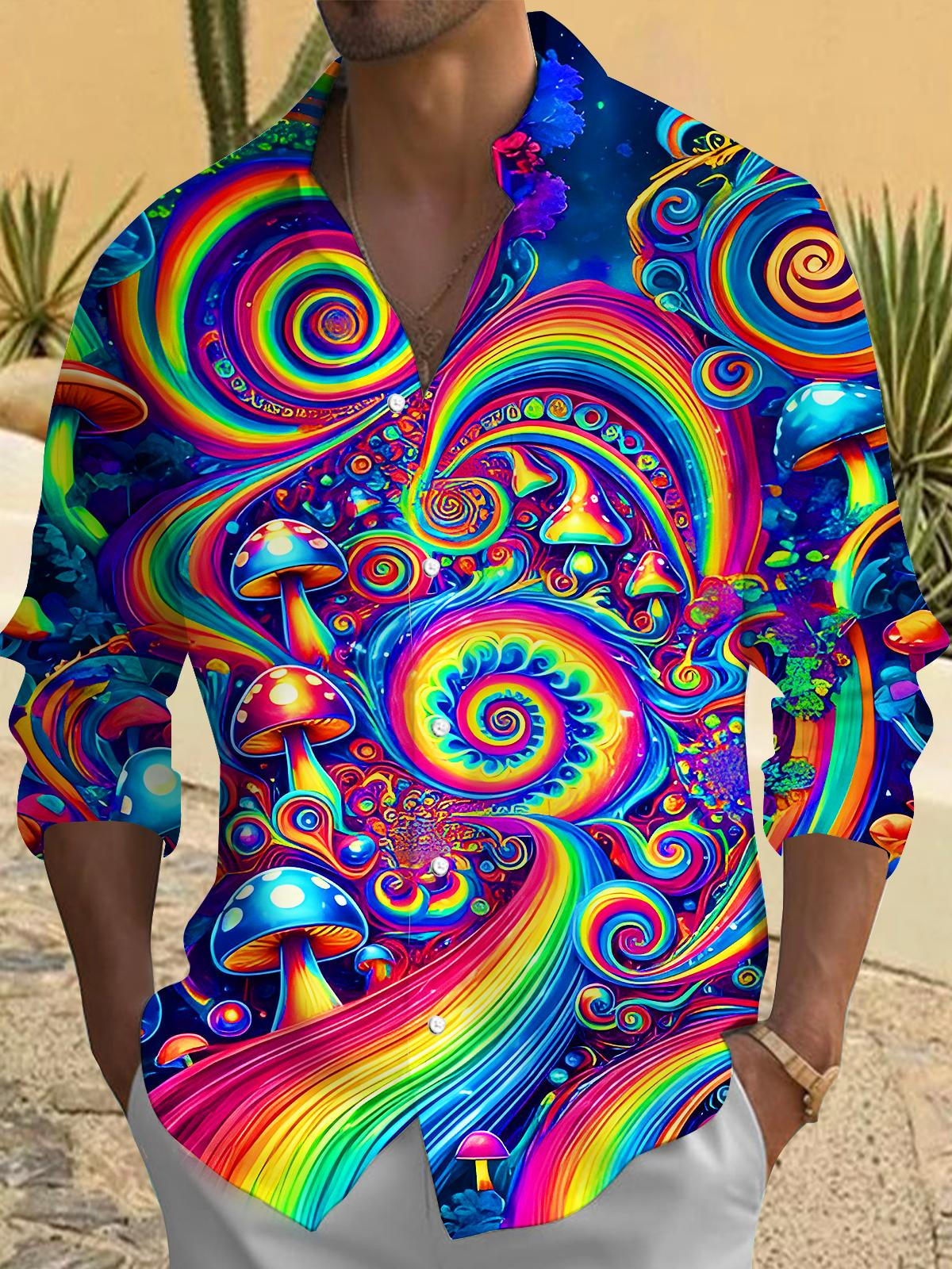 Psychedelic Mushroom Rainbow Swirls Men's Pocket Long Sleeve Shirts