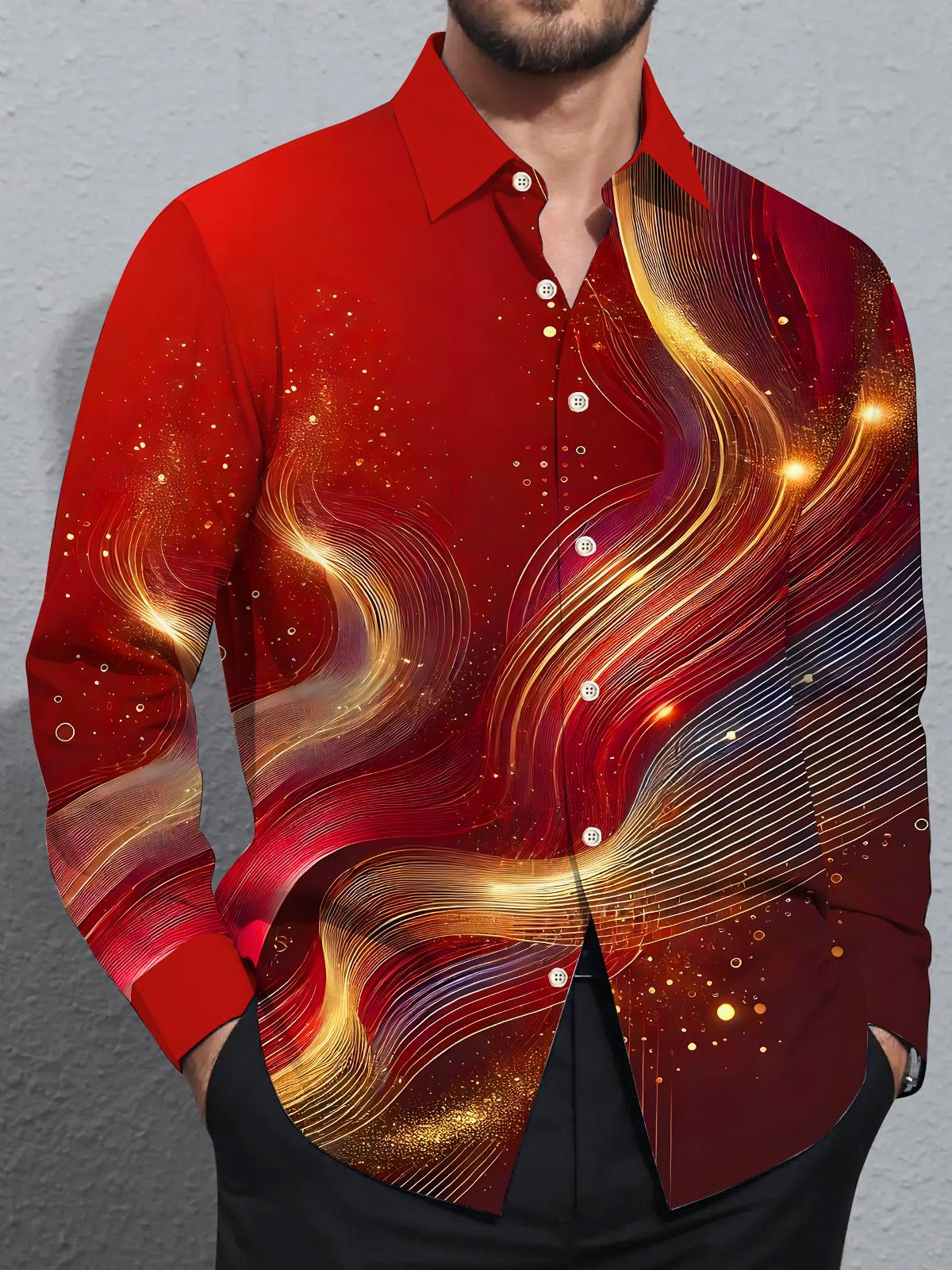 Xmas Red Molten Gold Fluid Art Men's Pocket Long Sleeve Shirts