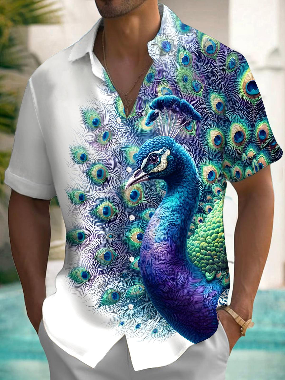 Peacock Print Men's Pocket Short Sleeve Shirts