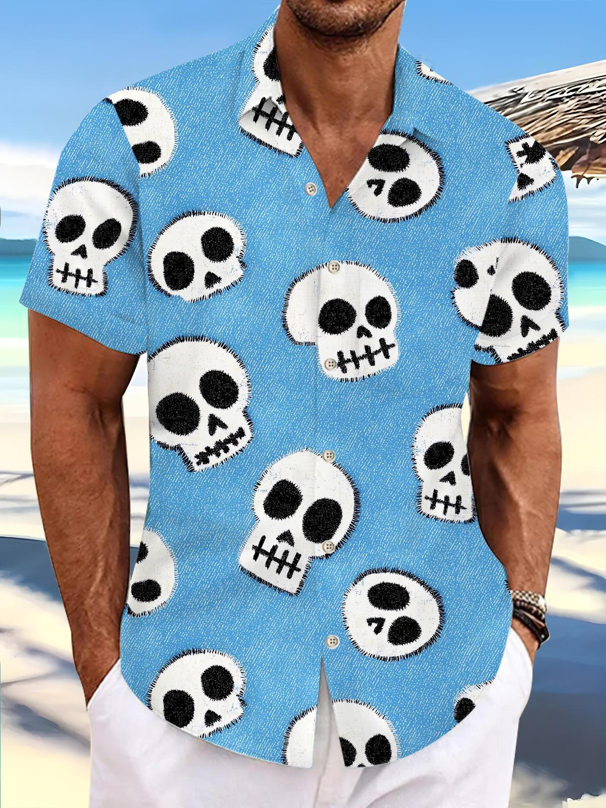 Skull Print Men's Pocket Short Sleeve Shirts
