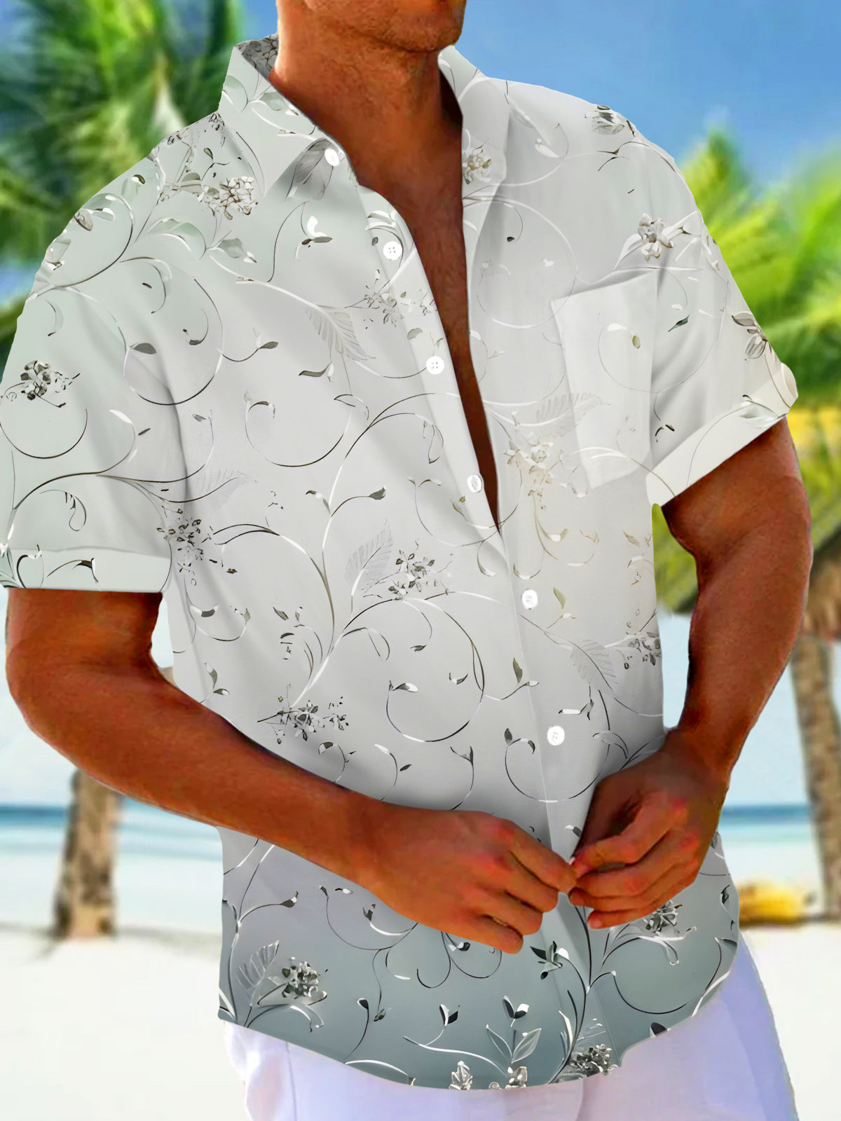 Silvery Floral Leaves Men's Pocket Short Sleeve Shirts