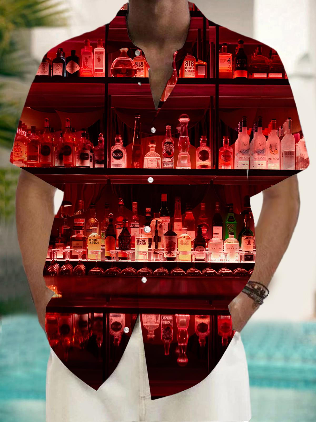 Wine Bottle Print Men's Pocket Short Sleeve Shirts