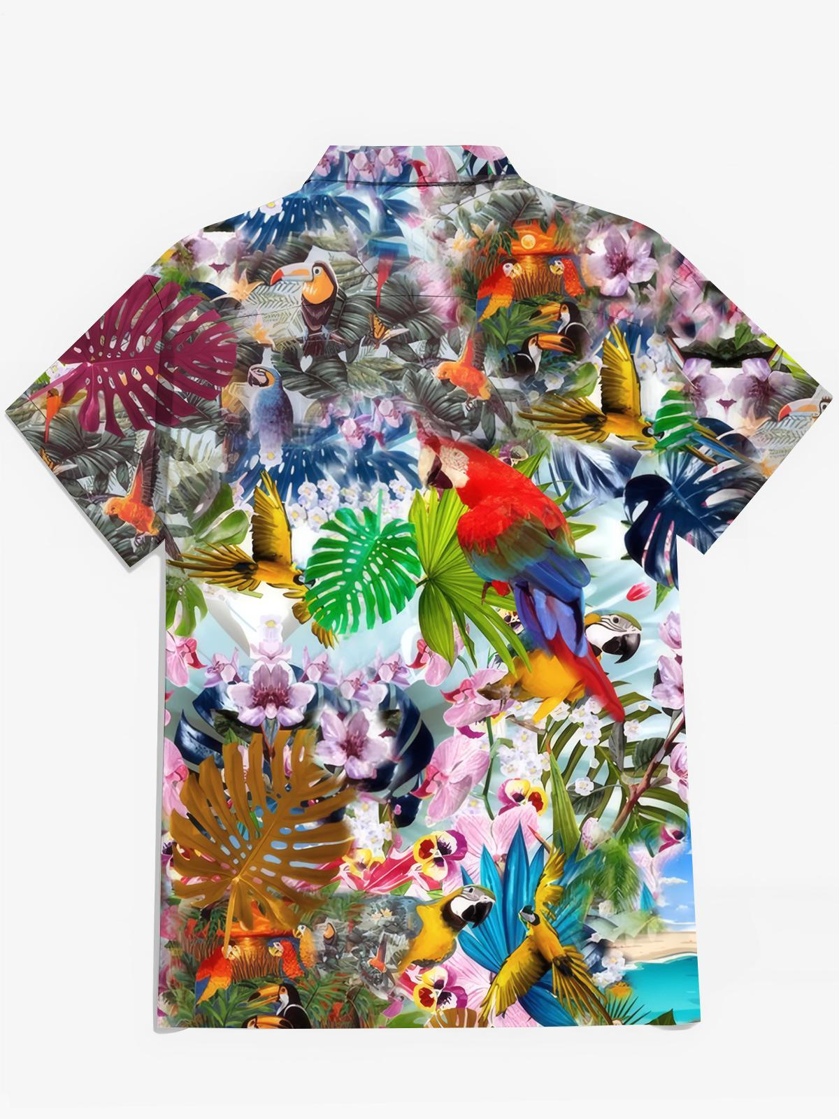 Hawaiian Plant Parrot Leaf Print Men's Pocket Short Sleeve Shirts