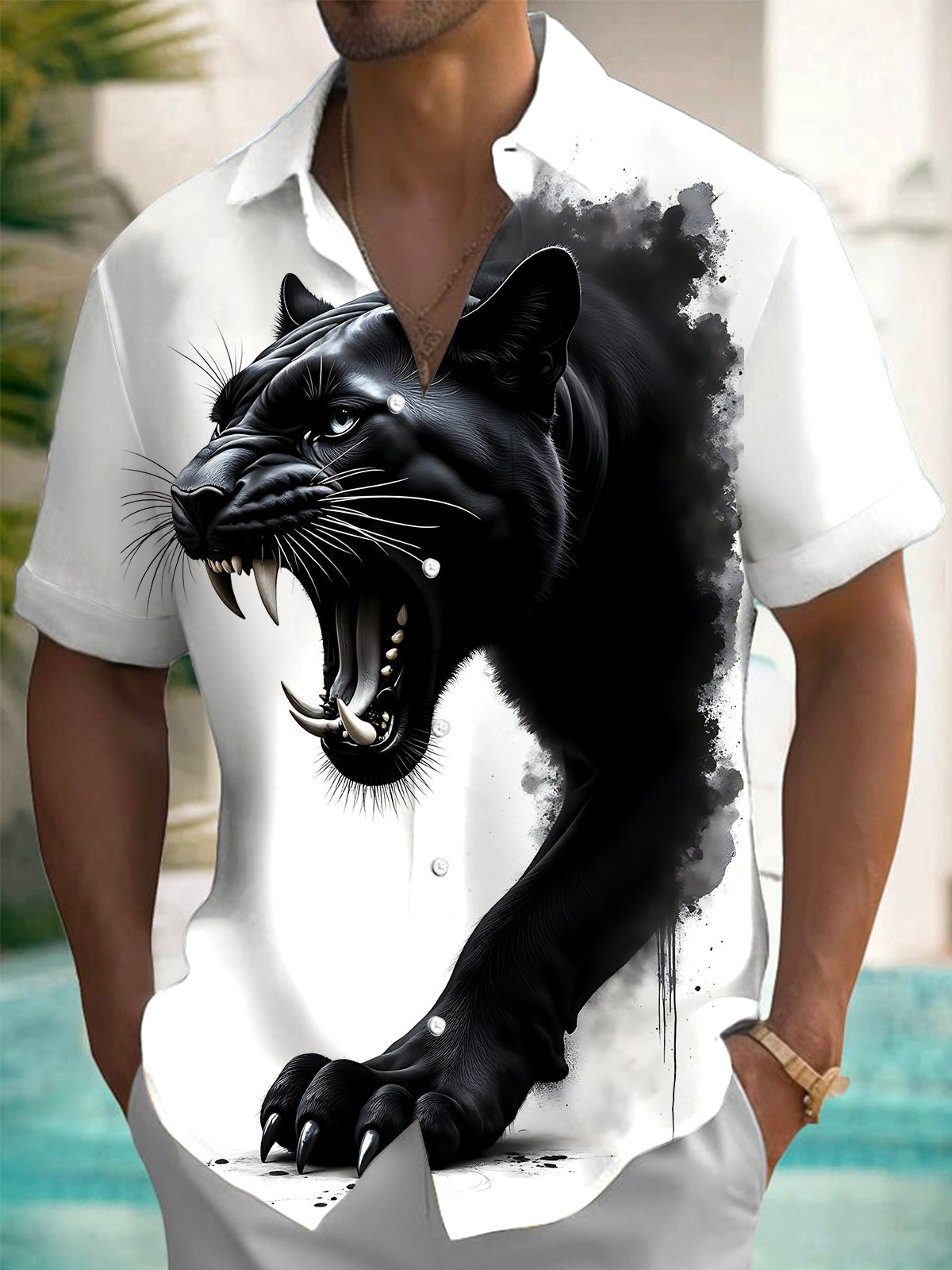 Panther Print Men's Pocket Short Sleeve Shirts