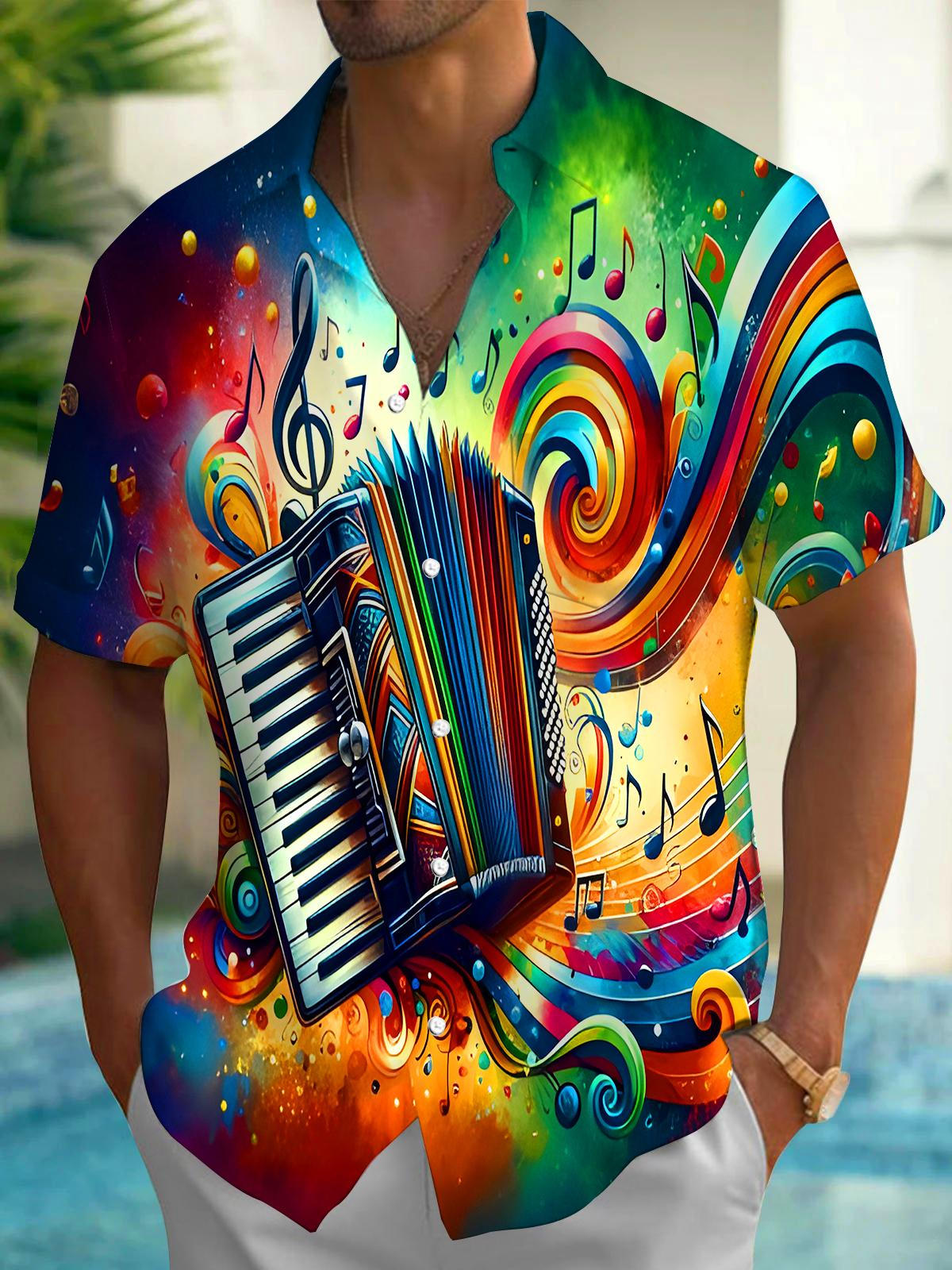 Accordion Tie Dye Music Notes Men's Pocket Short Sleeve Shirts