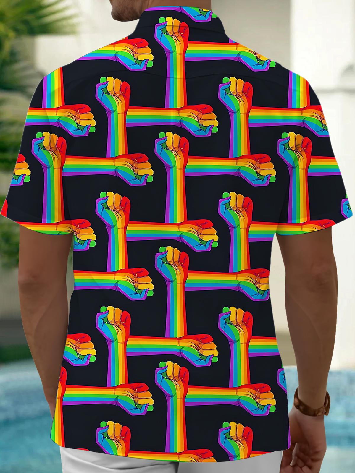 Rainbow Striped Fist Print Men's Pocket Short Sleeve Shirts