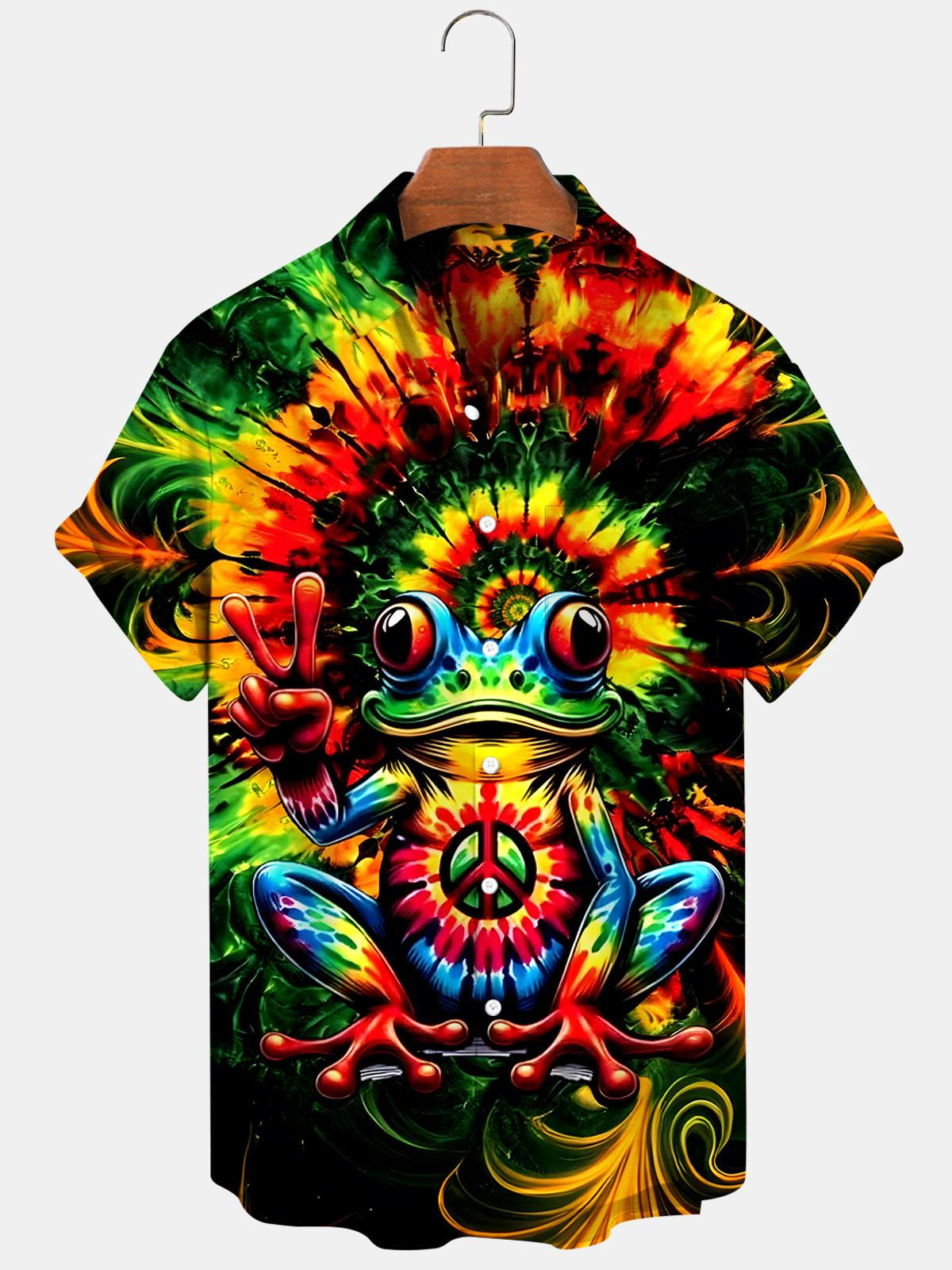 Tie Dye Hippie Frog Men's Pocket Short Sleeve Shirts