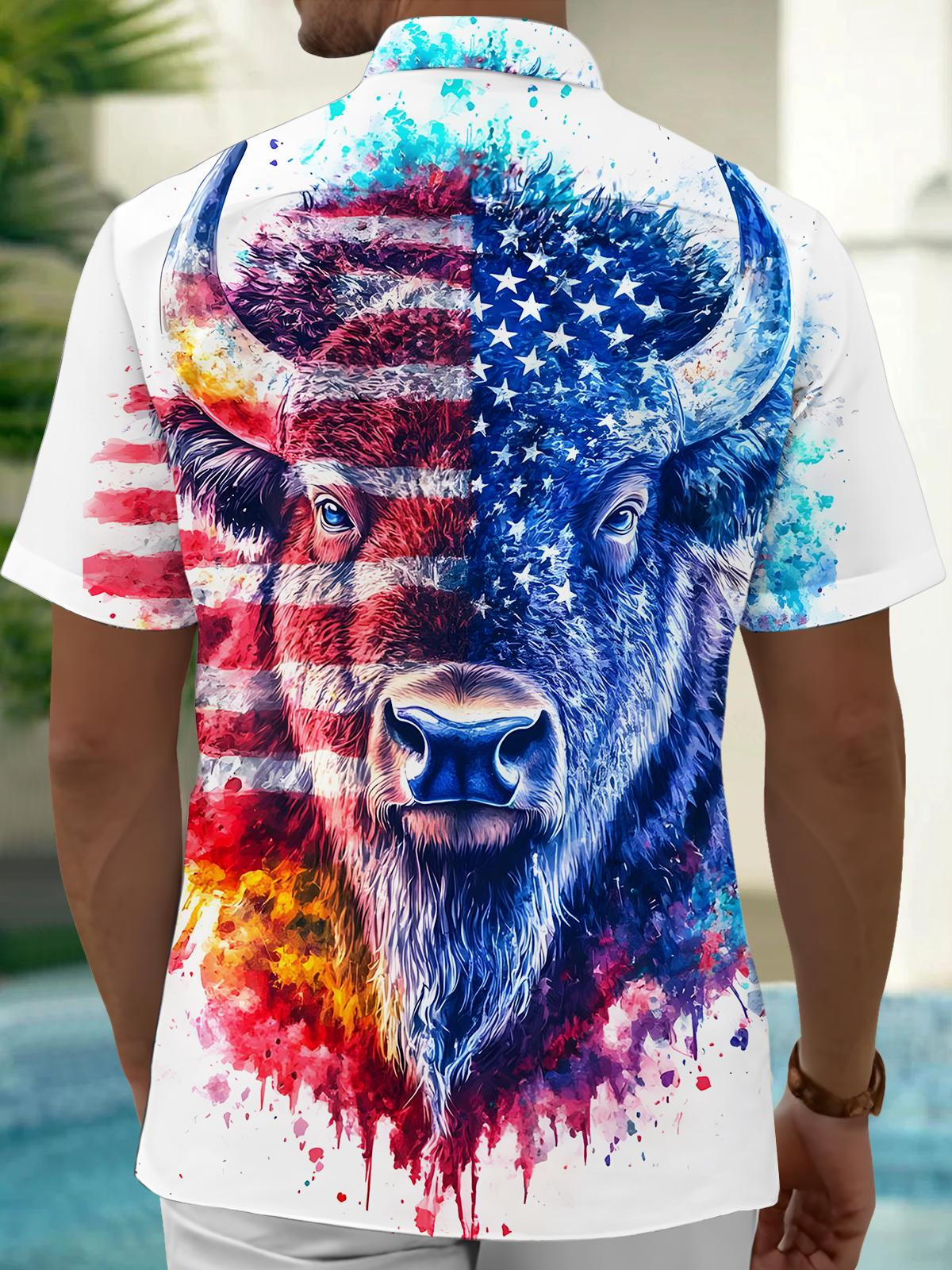 American Flag Cow Head Print Men's Pocket Short Sleeve Shirts