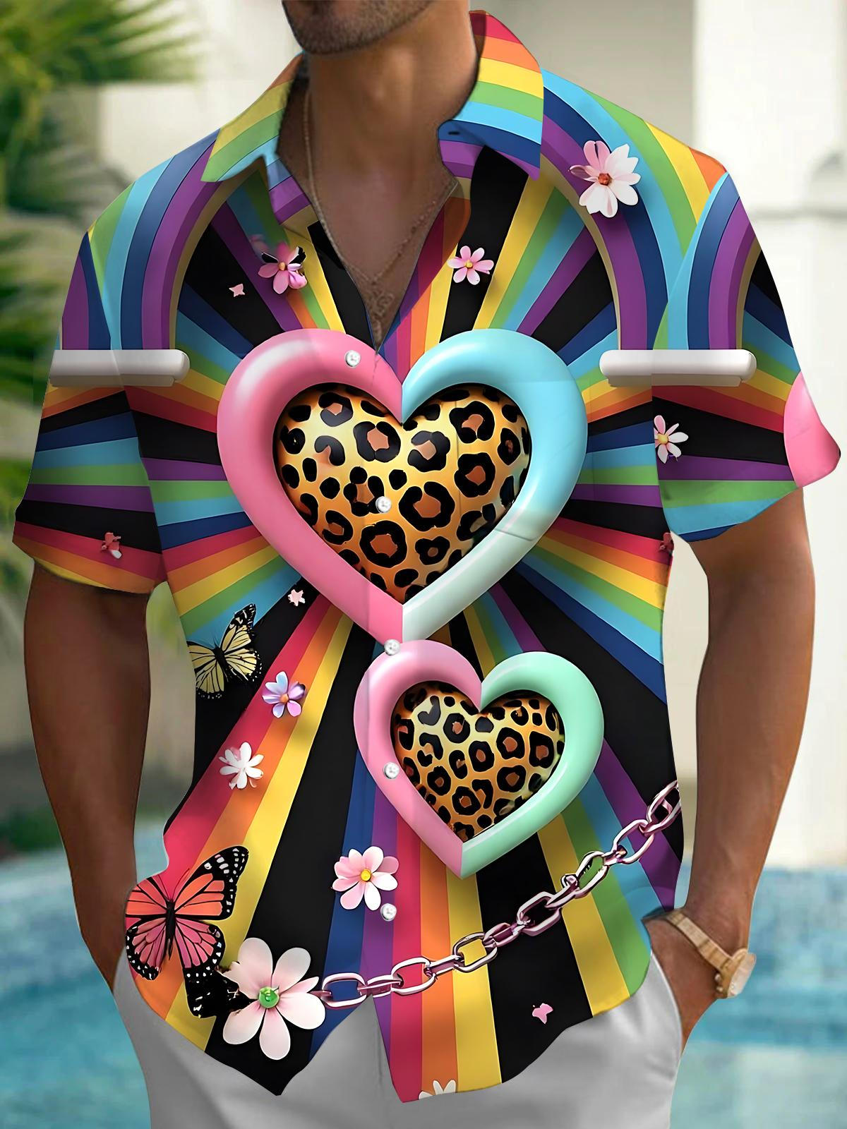 Rainbow Leopard Heart Print Men's Pocket Short Sleeve Shirts