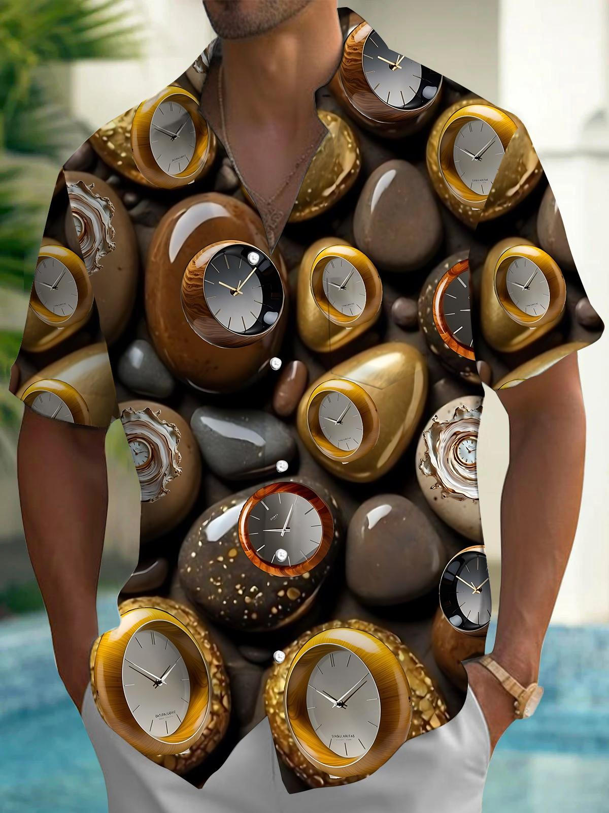 Creative Clock Print Men's Pocket Short Sleeve Shirts