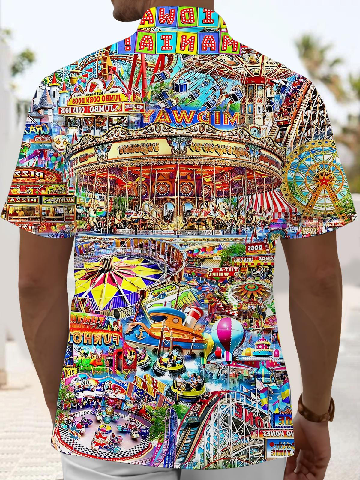 Amusement Park Print Men's Pocket Short Sleeve Shirts