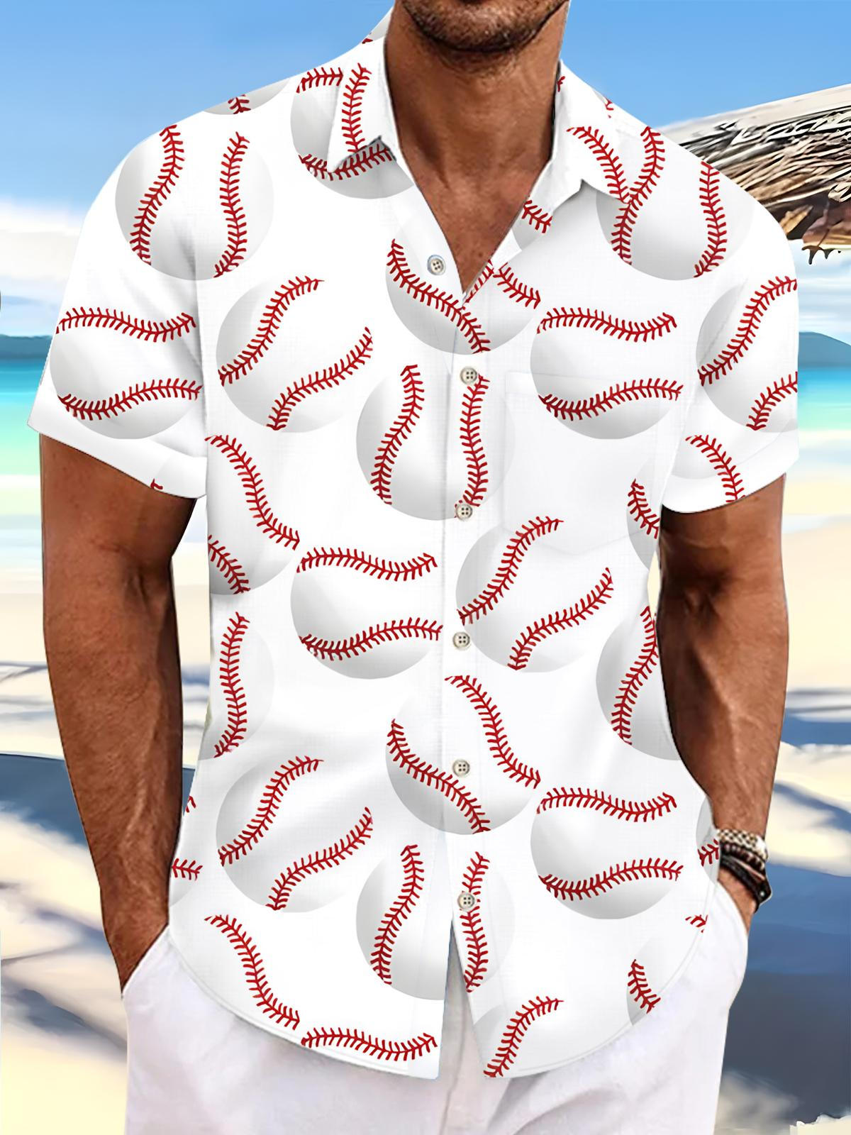 Baseball Print Men's Pocket Short Sleeve Shirts