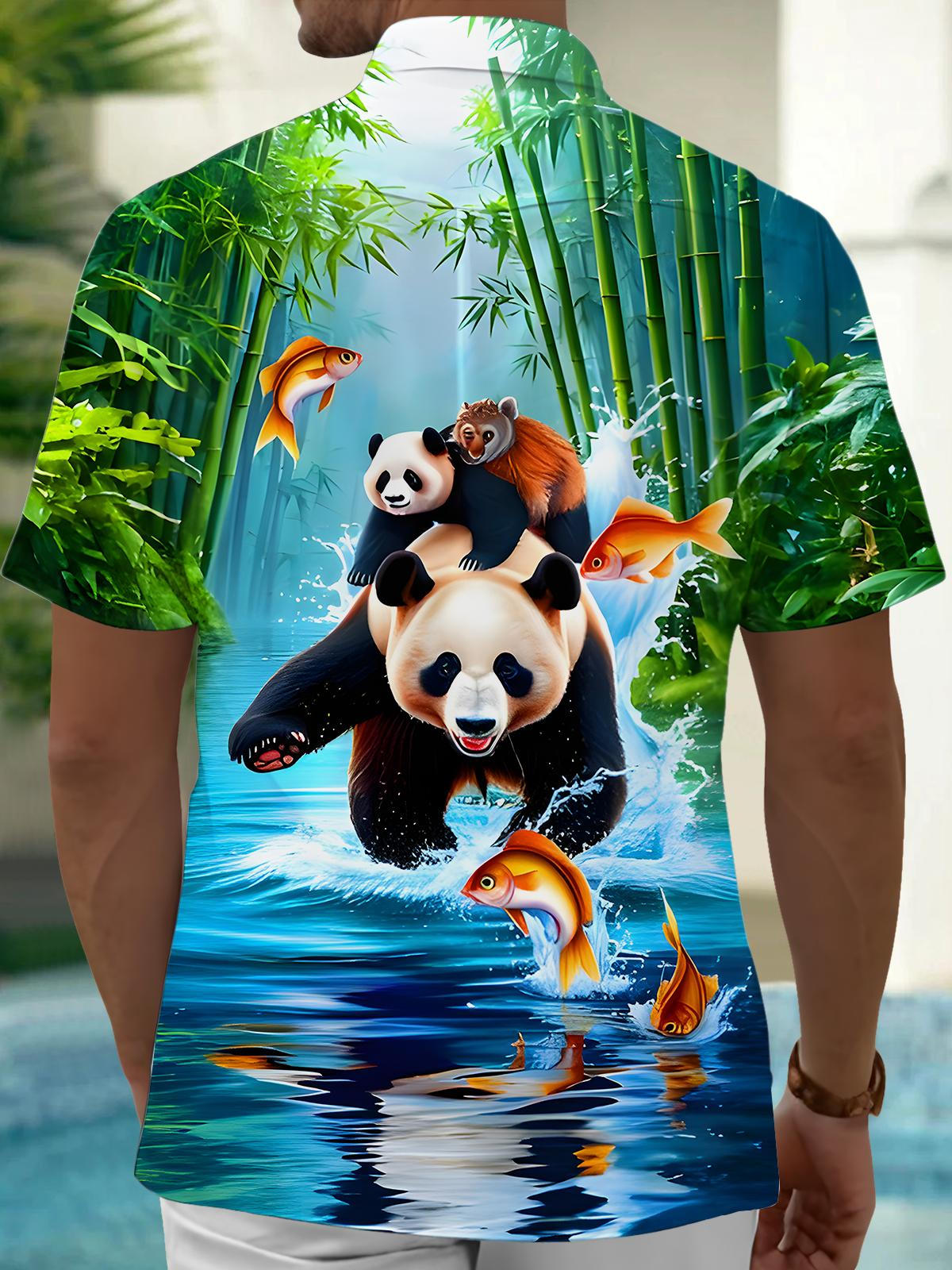 Panda Monkey Goldfish Bamboo Forest Men's Pocket Short Sleeve Shirts