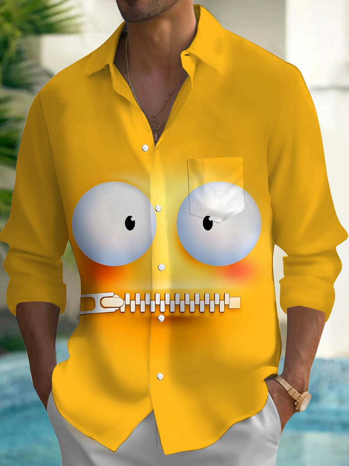 Funny Zipper Shut-up Expression Men's Pocket Long Sleeve Shirts