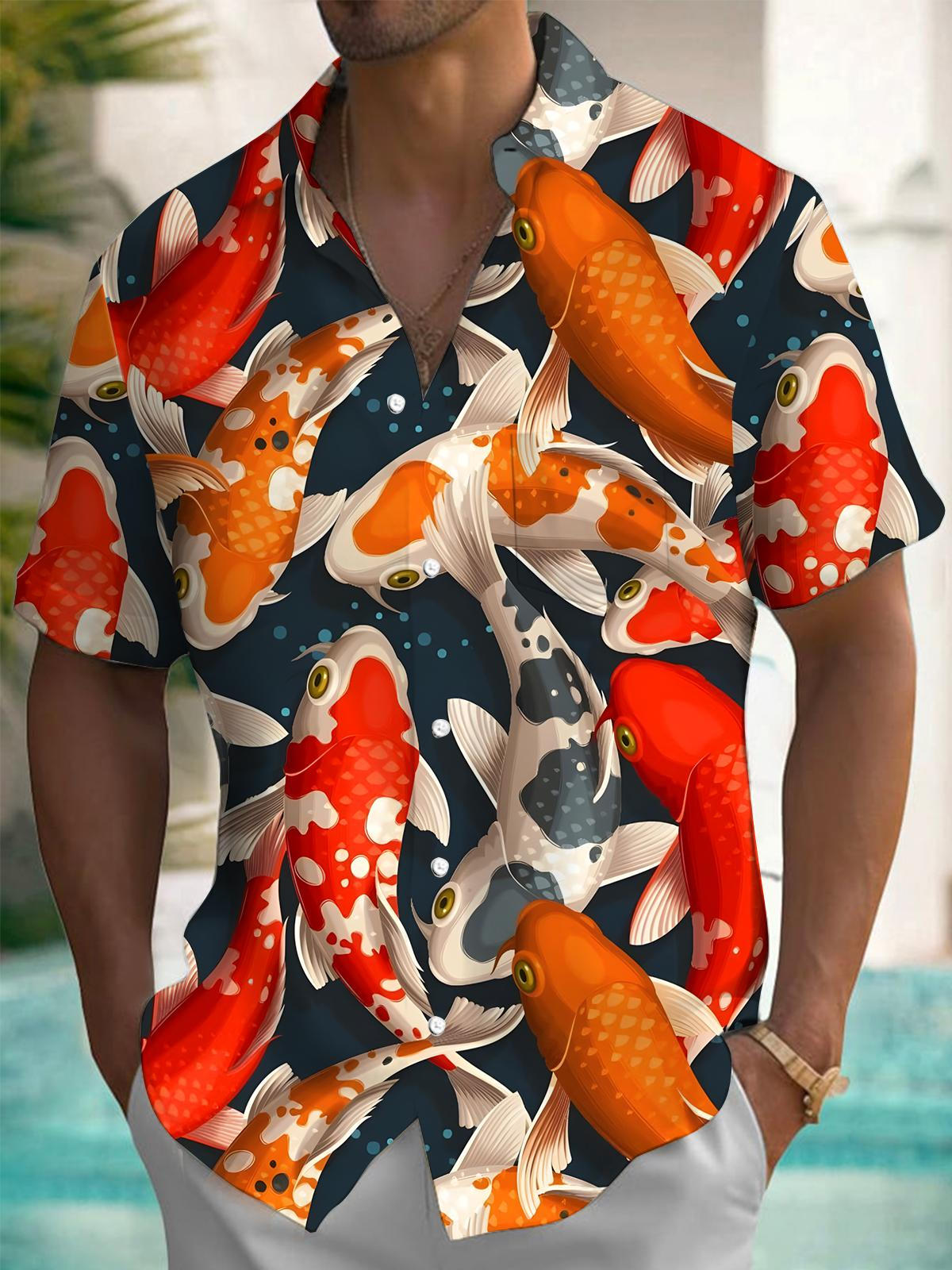 Carp Print Men's Pocket Short Sleeve Shirts