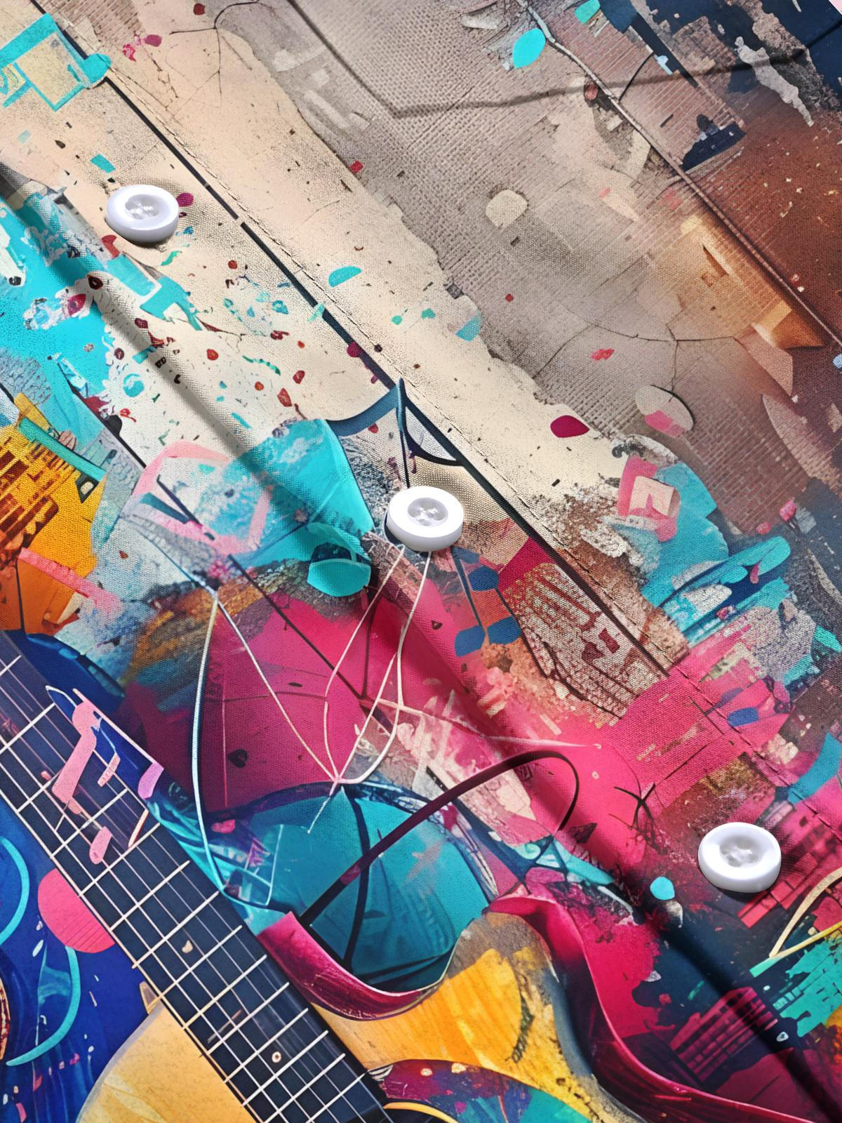 Guitar Oil Painting Print Men's Pocket Short Sleeve Shirts