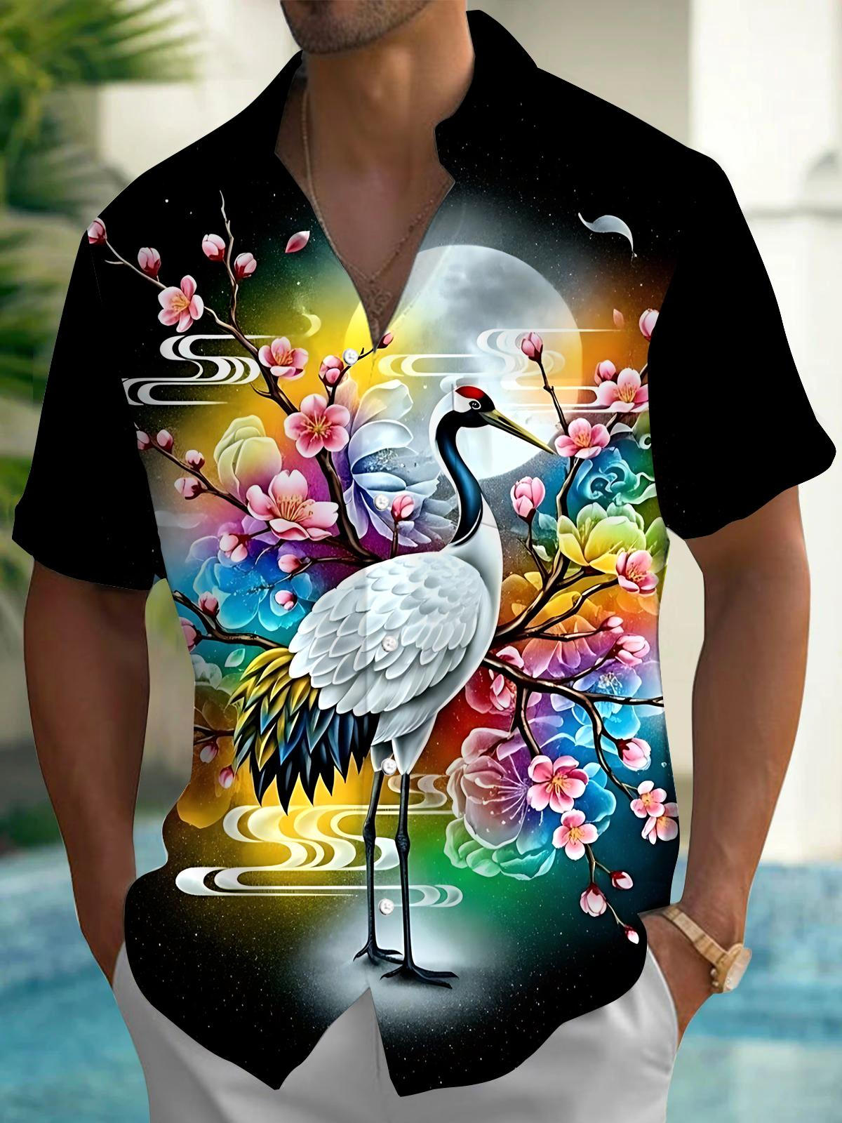 Crane Sakura Print Men's Pocket Short Sleeve Shirts