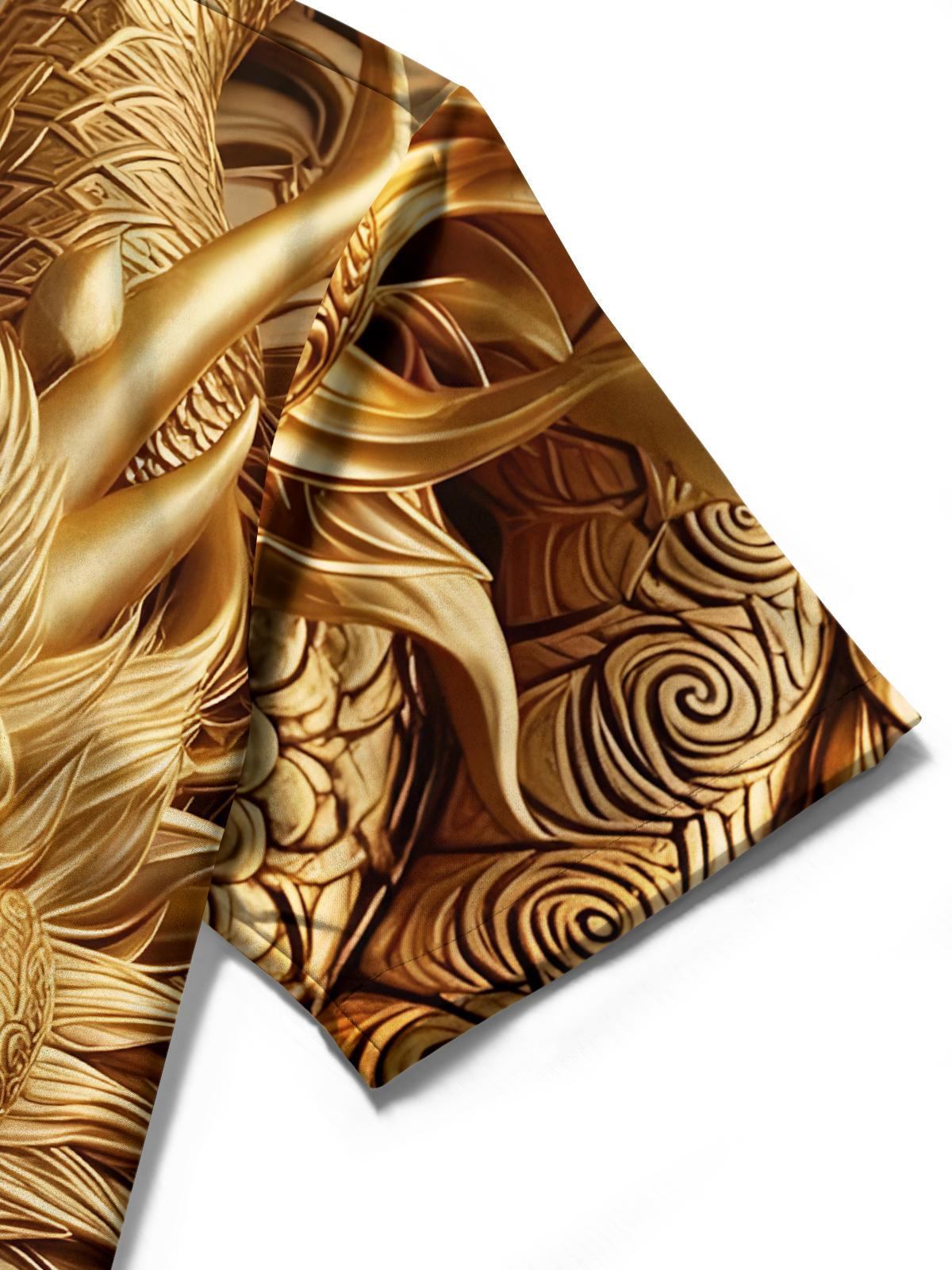 Golden Dragon Print Men's Pocket Short Sleeve Shirts