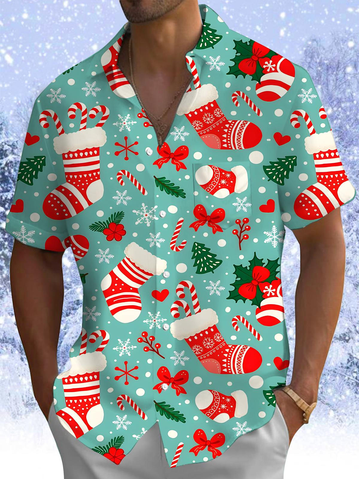 Funny Christmas Socks Snowflakes Men's Pocket Short Sleeve Shirts