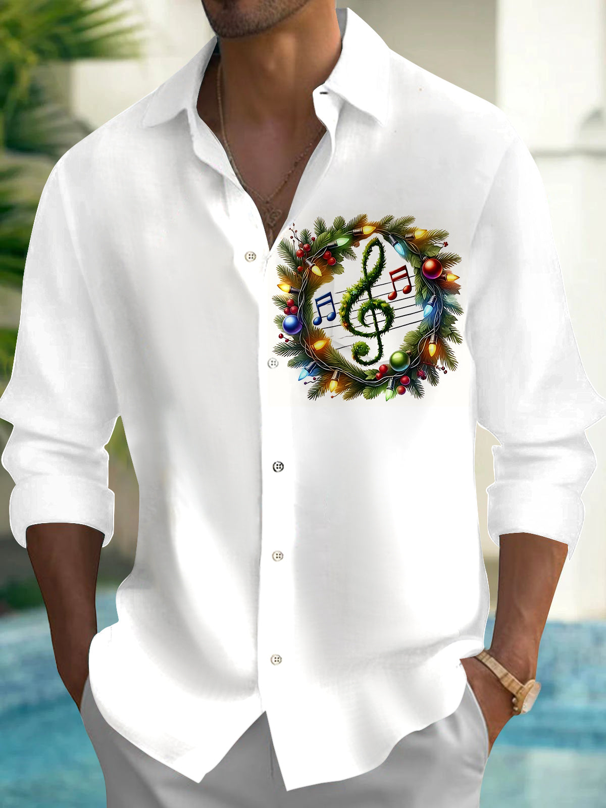 Christmas Note Print Men's Pocket Long Sleeve Shirts