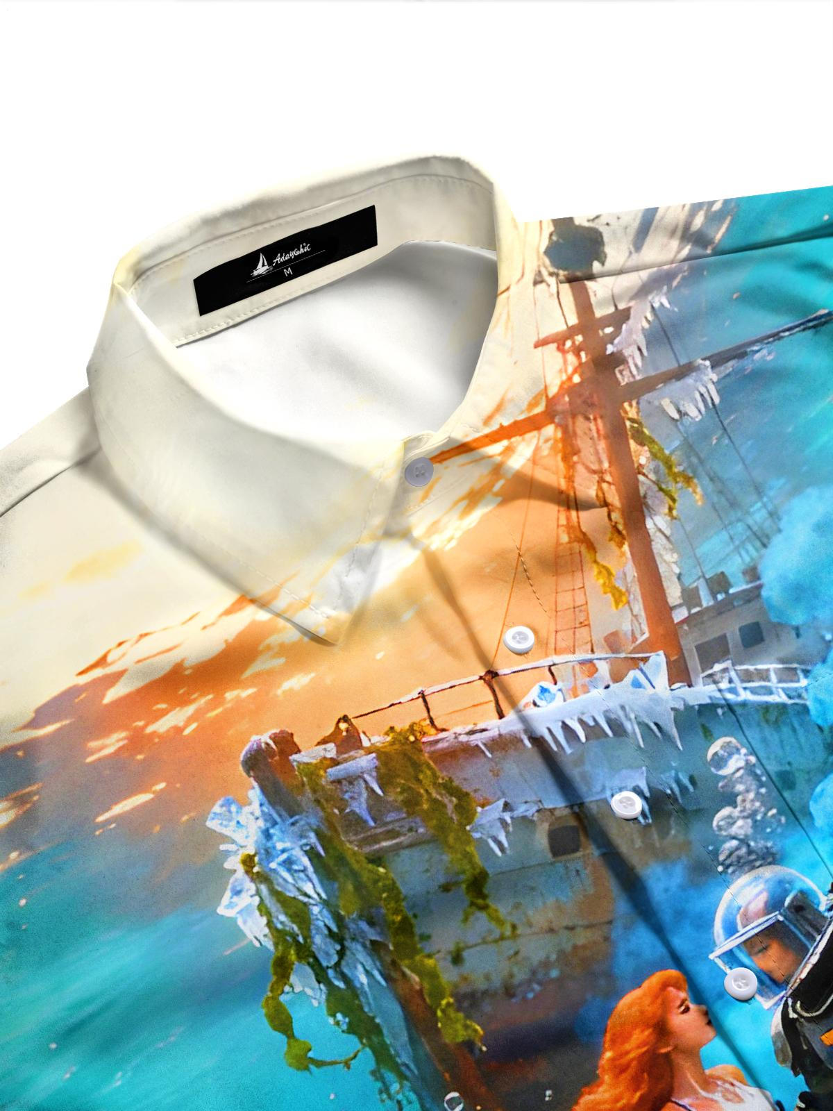 Funny Mermaid Octopus Boat Marine Life Men's Pocket Short Sleeve Shirts