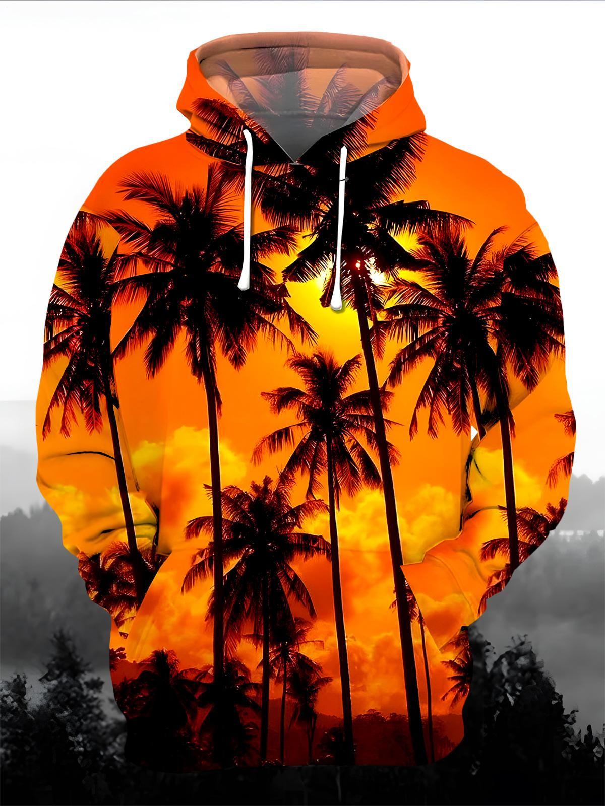 Hawaiian Sunset Coconut Tree Men's Long Sleeve Pocket Hoodies
