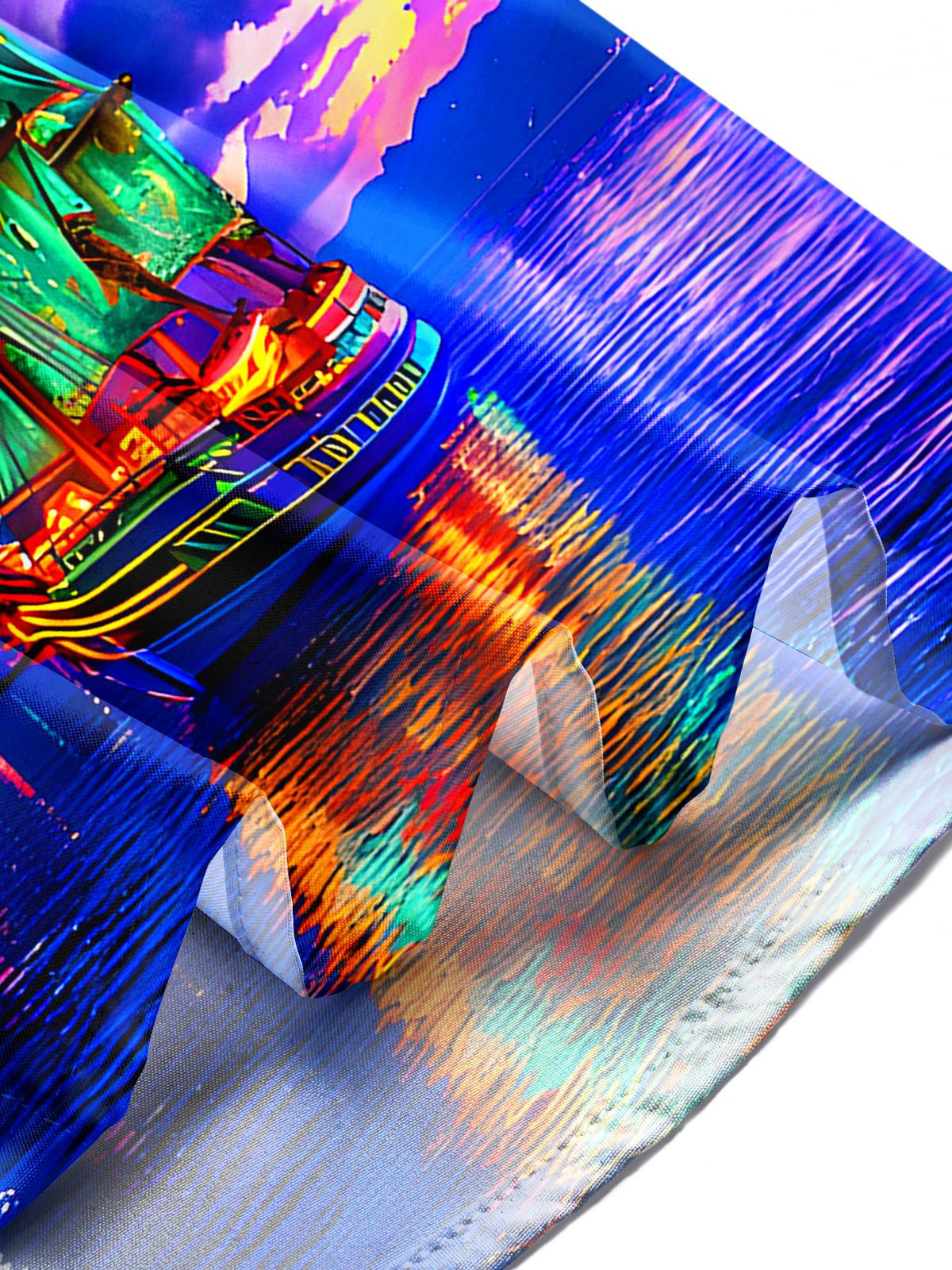 Hawaiian Coconut Tree Boat Men's Pocket Short Sleeve Shirts