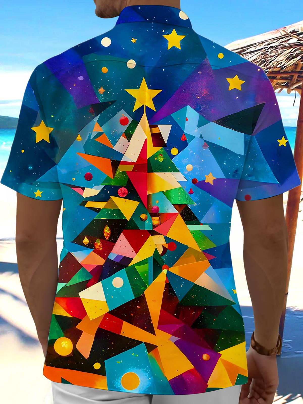 Colorful Geometric Christmas Tree Stars Men's Pocket Short Sleeve Shirts