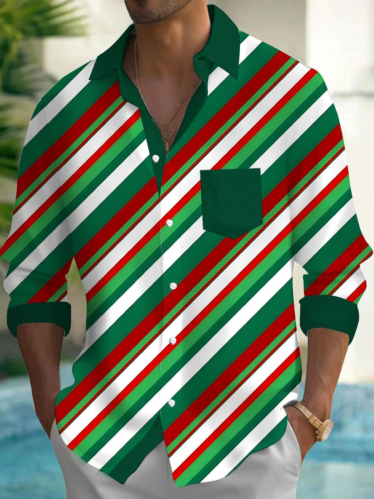 Christmas Stripes Men's Pocket Long Sleeve Shirts