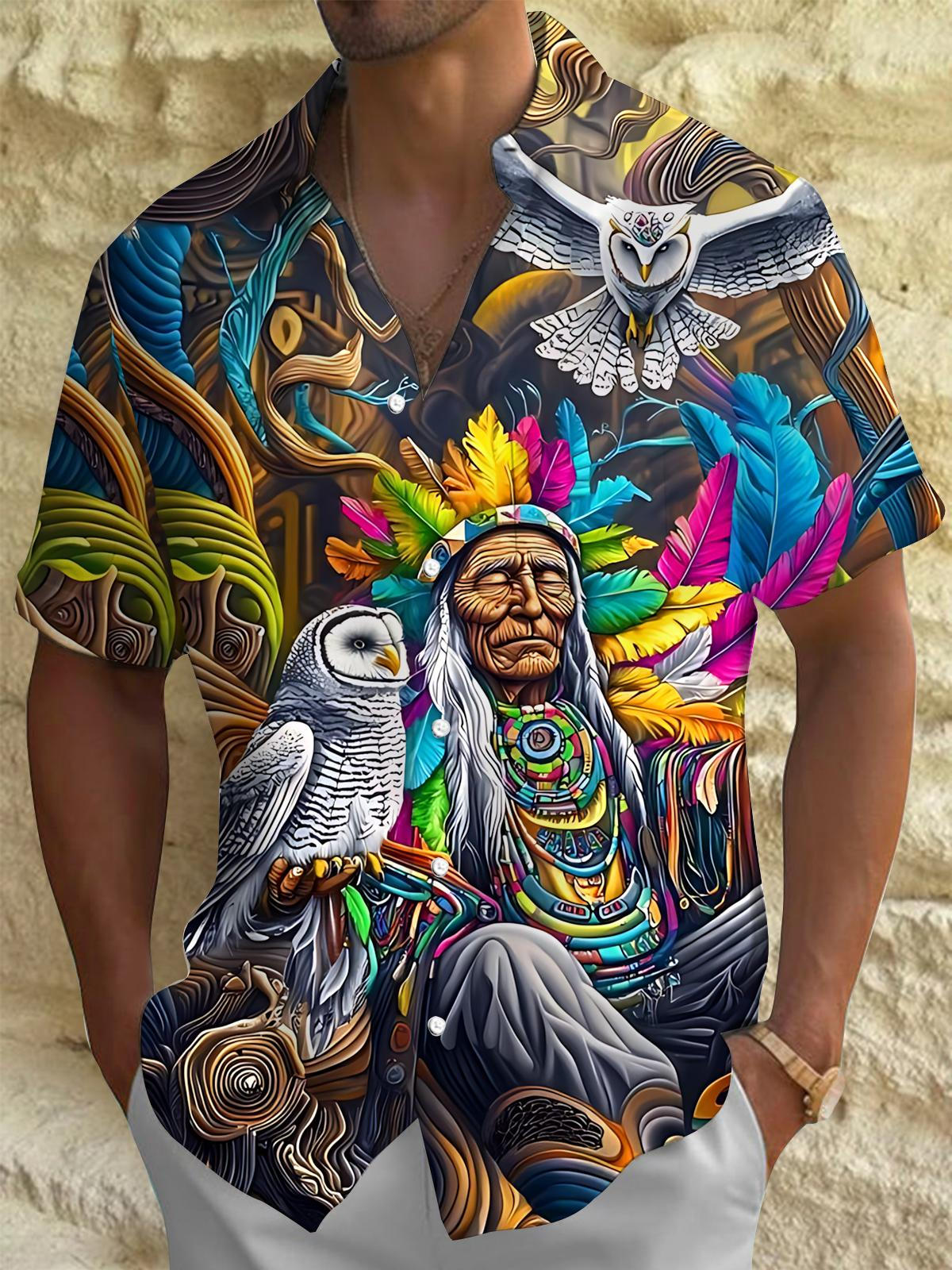 Native American Art Print Men's Pocket Short Sleeve Shirts