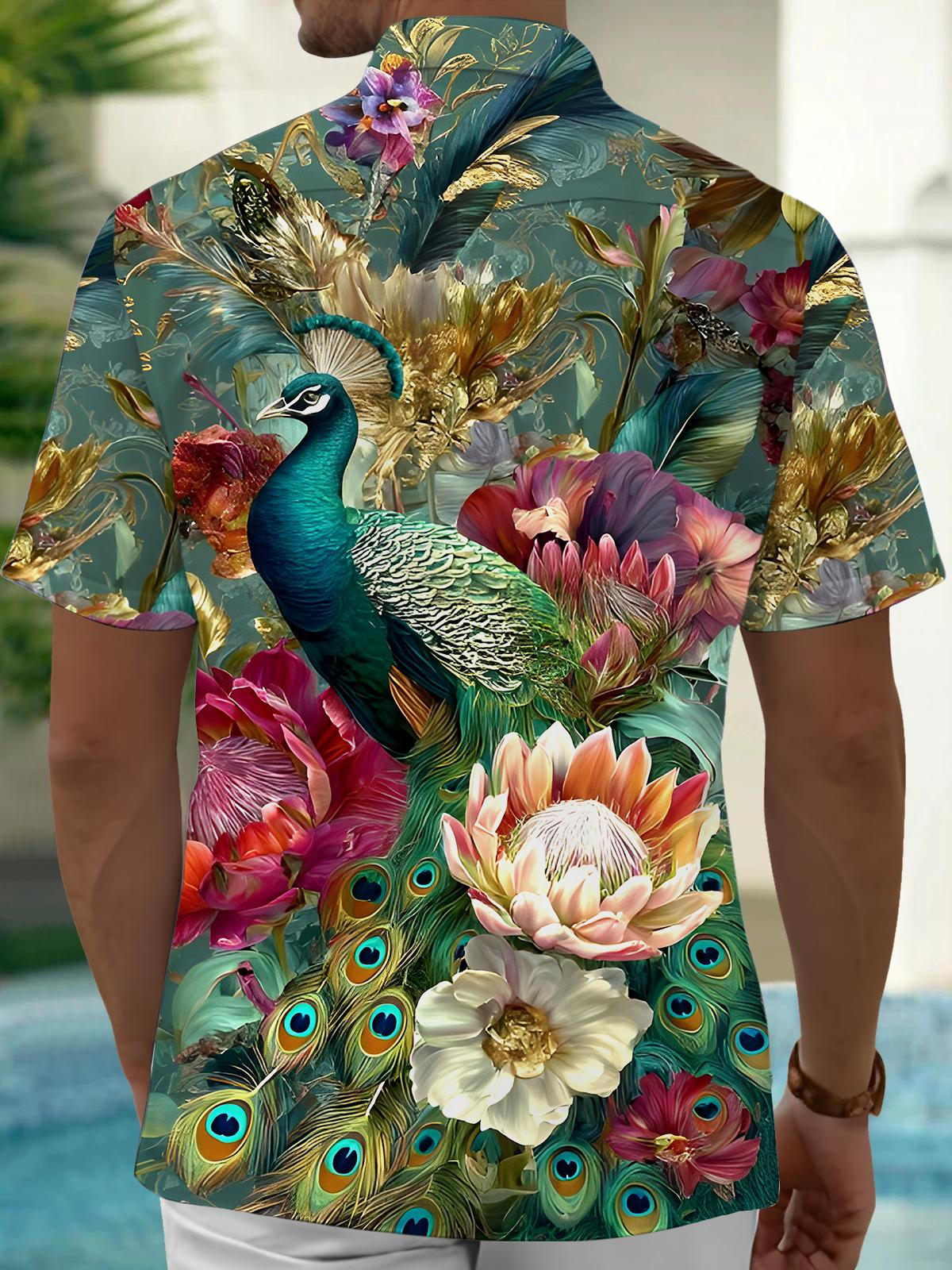 Peacock Floral Men's Pocket Short Sleeve Shirts