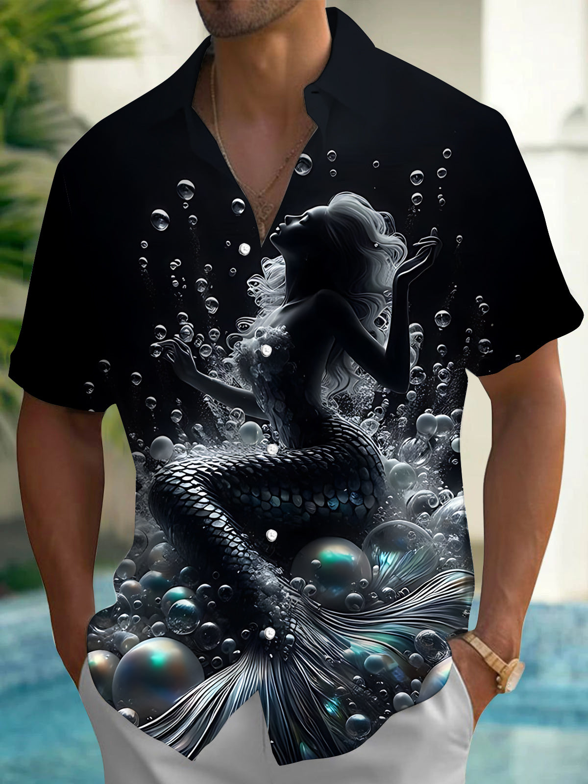 Mermaid Print Men's Pocket Short Sleeve Shirts