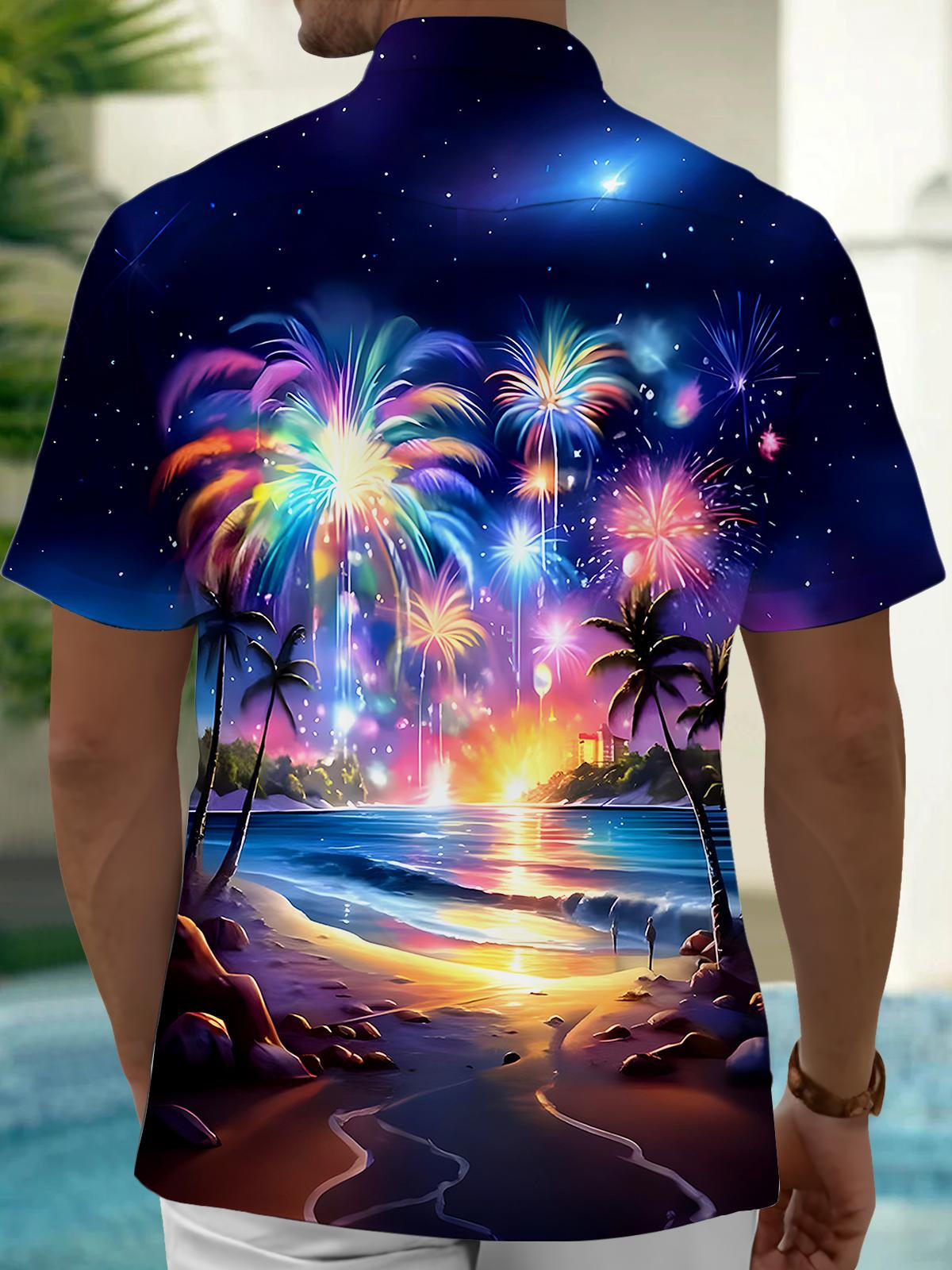 Hawaiian Coconut Tree Fireworks Men's Pocket Short Sleeve Shirts