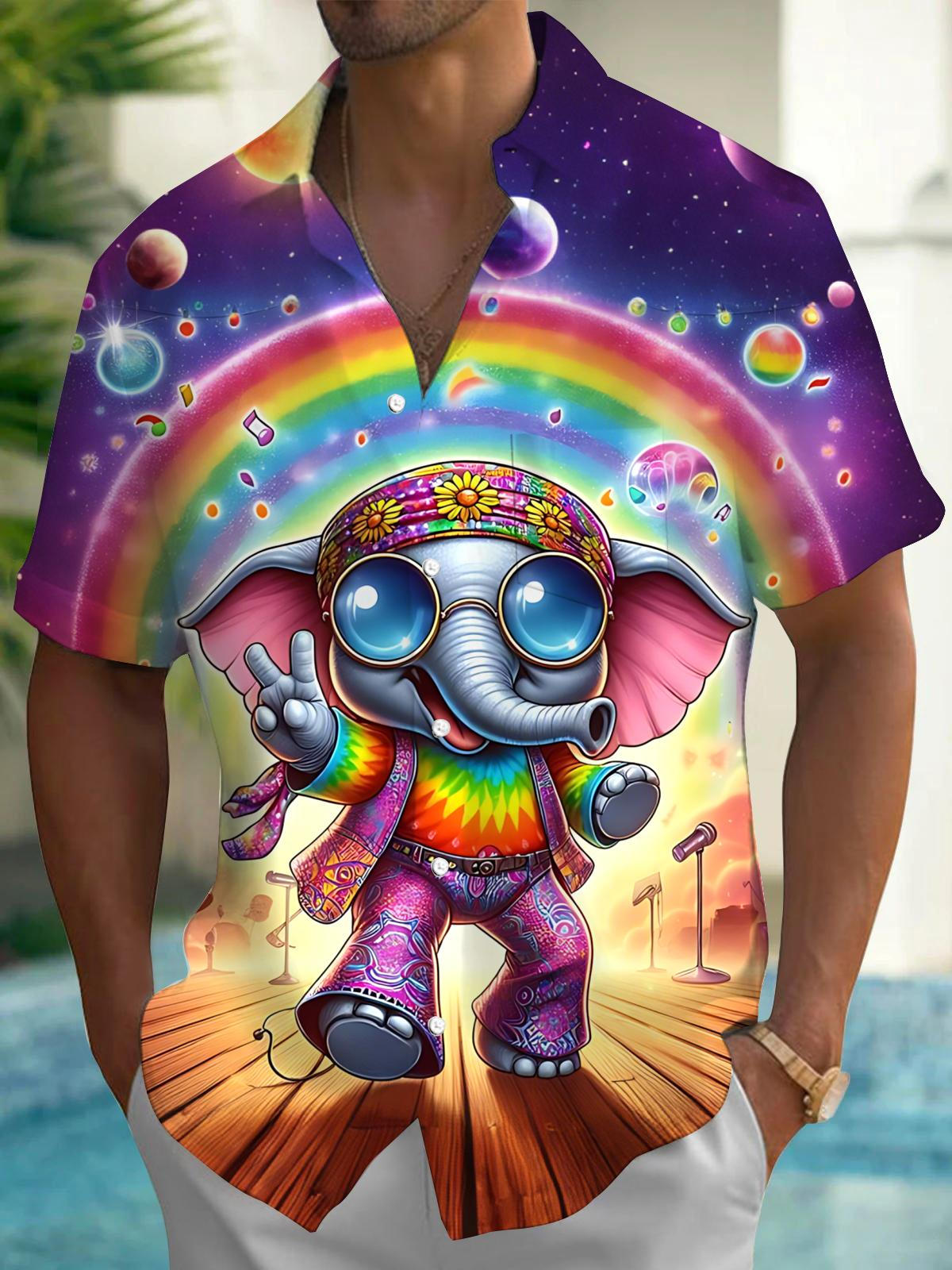 Funny Hippie Elephant Rainbow Print Men's Pocket Short Sleeve Shirts