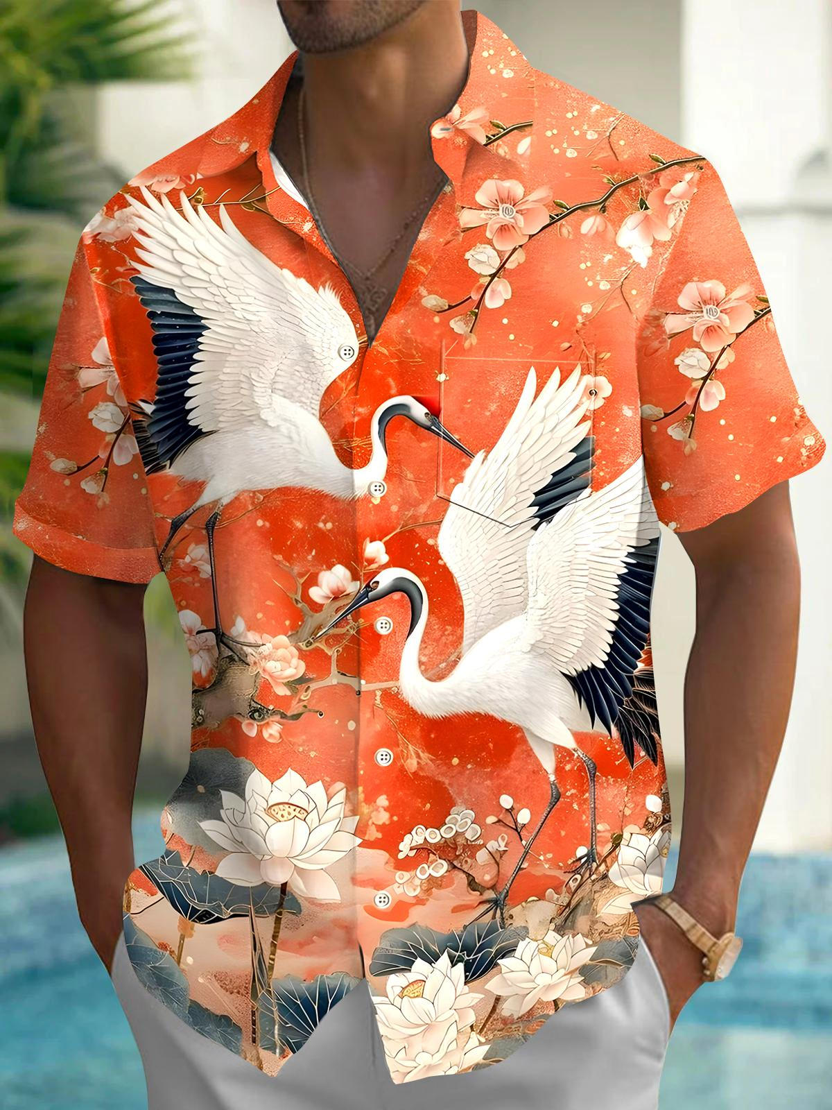 Crane Floral Men's Pocket Short Sleeve Shirts