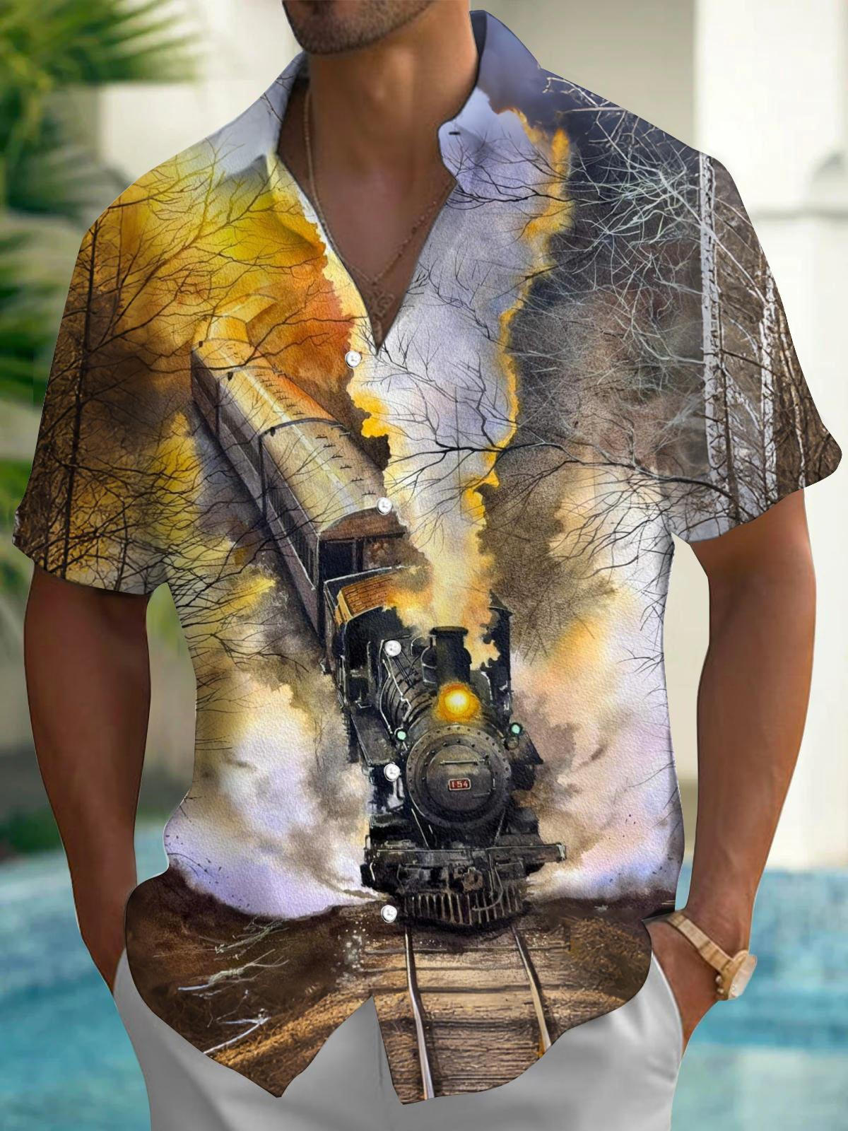 Train Print Men's Pocket Short Sleeve Shirts