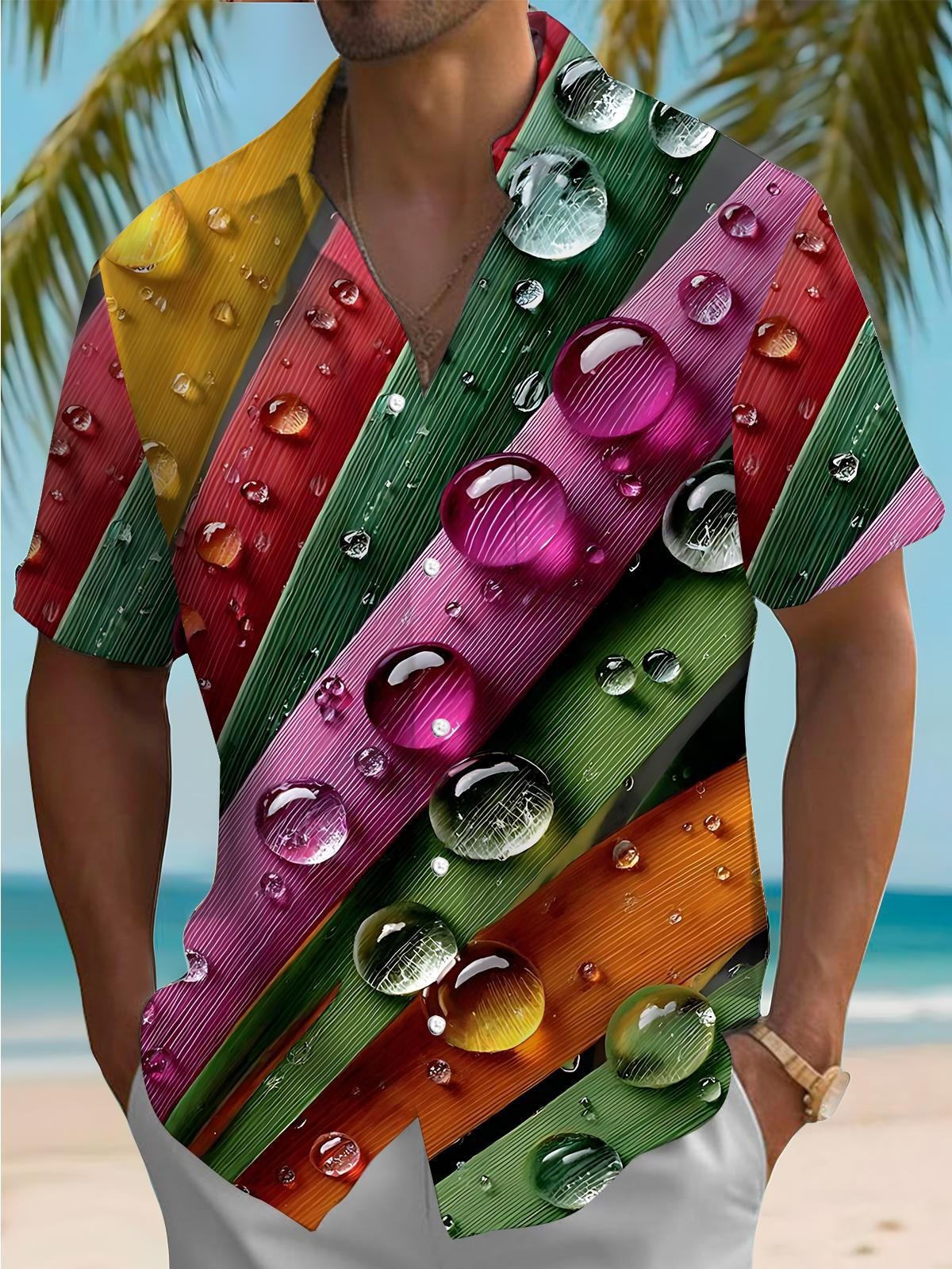 Waterdrop Bamboo Leaf Print Men's Pocket Short Sleeve Shirts