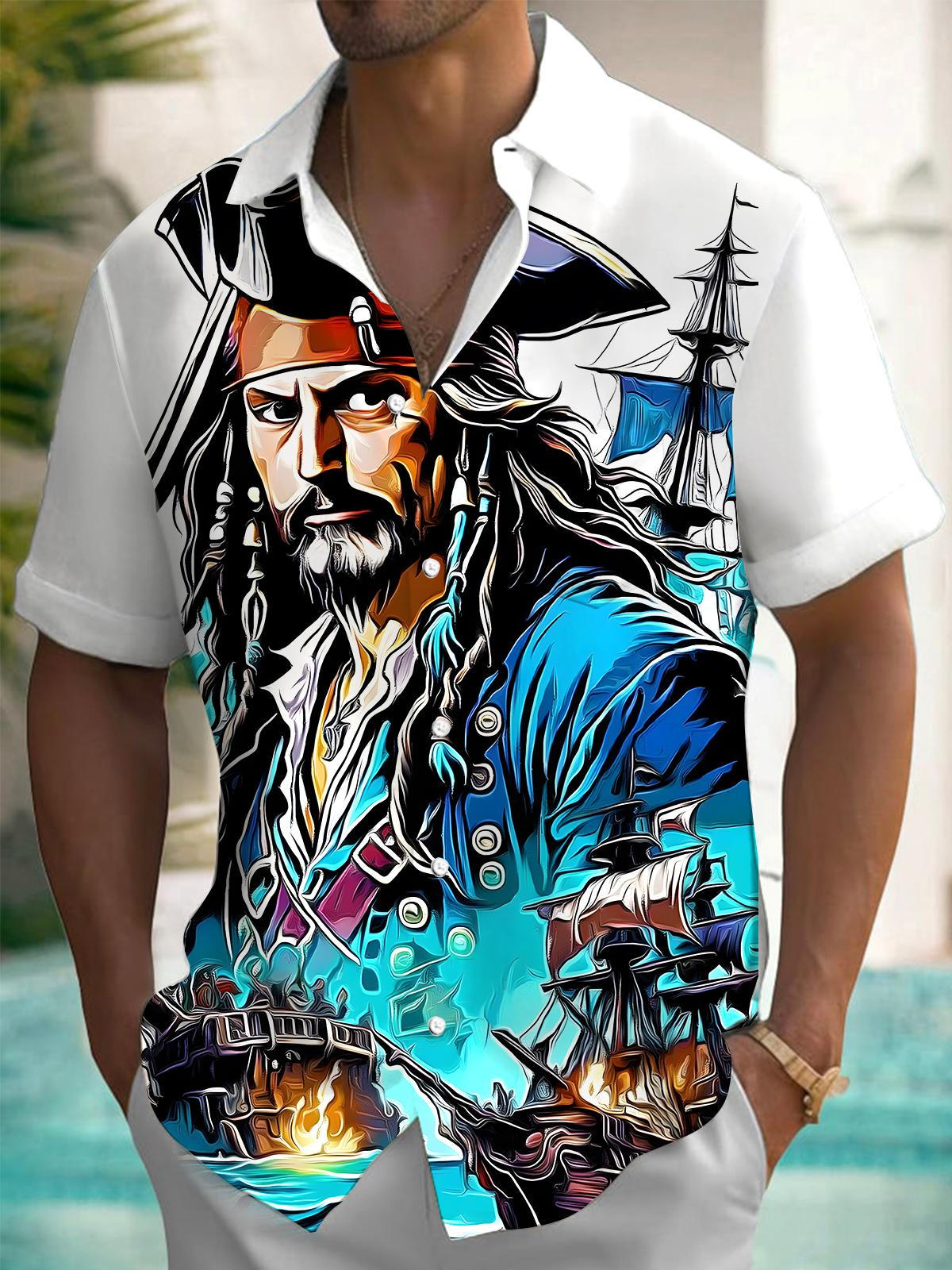 Pirate Ship Print Men's Pocket Short Sleeve Shirts