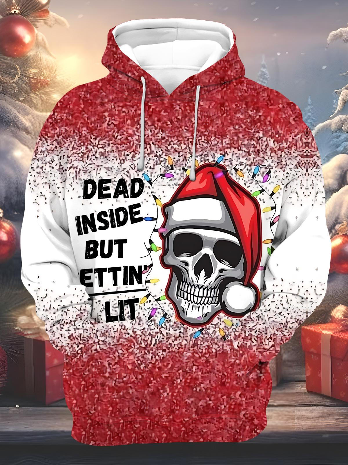Christmas Skull Letter Print Men's Long Sleeve Pocket Hoodies