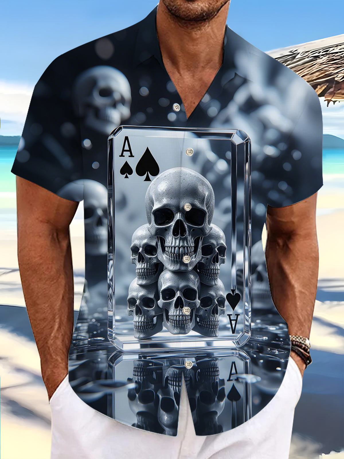 Skull Poker Print Men's Pocket Short Sleeve Shirts