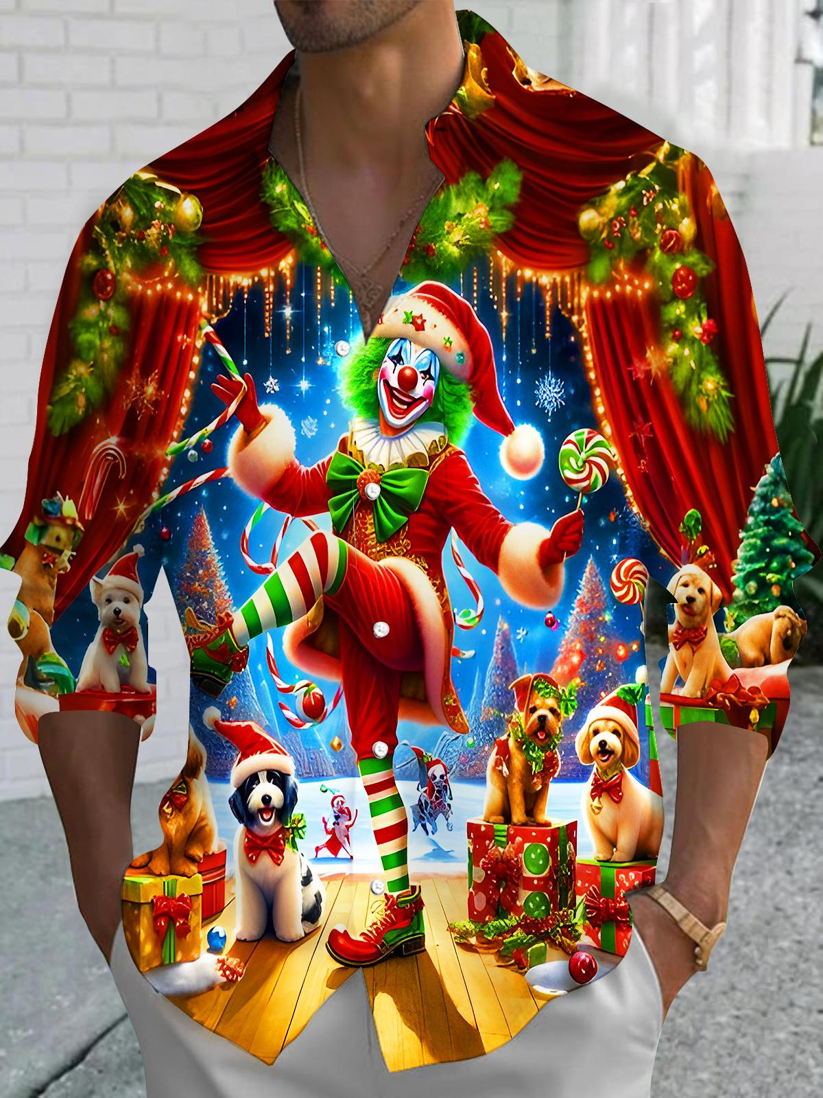 Funny Christmas Joker Puppy Carnival Men's Pocket Long Sleeve Shirts