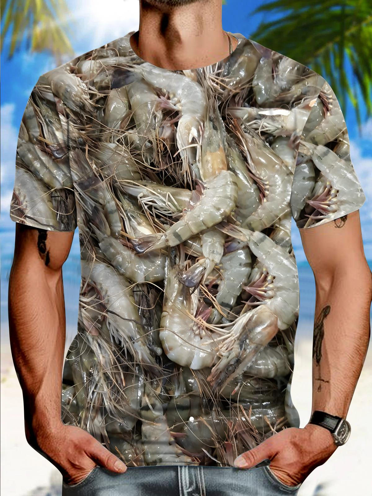 Seafood Shrimp Print Round Neck Short Sleeve Men's T-shirt