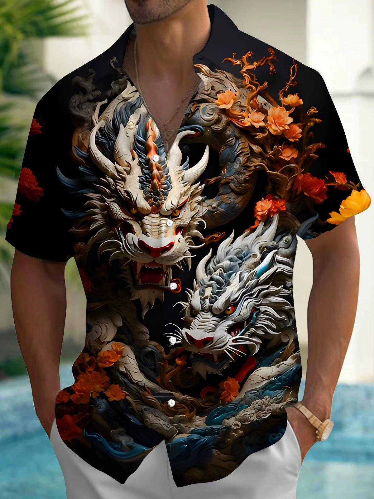 Dragons Floral Men's Pocket Short Sleeve Shirts