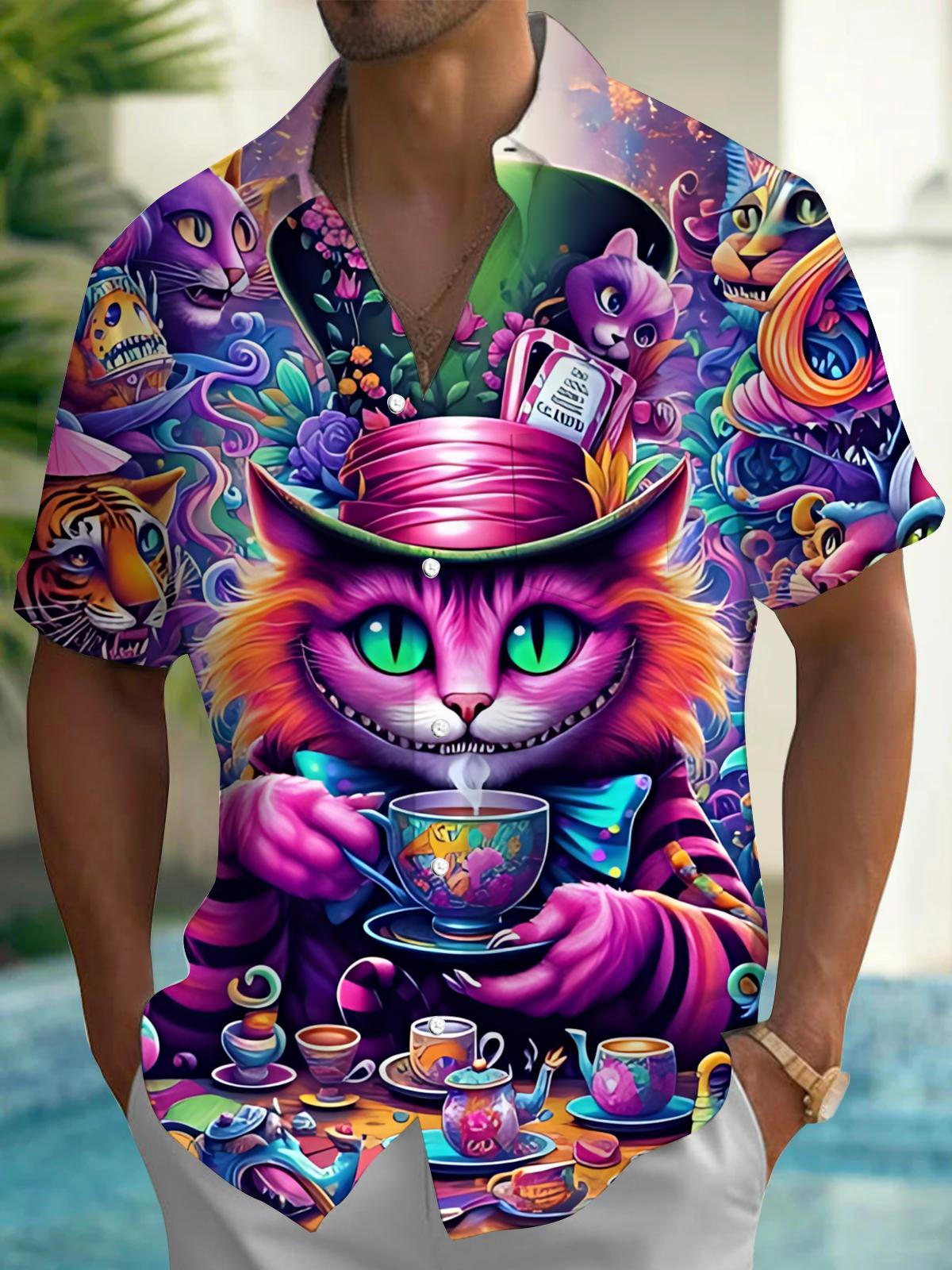 Cat Print Men's Pocket Short Sleeve Shirts