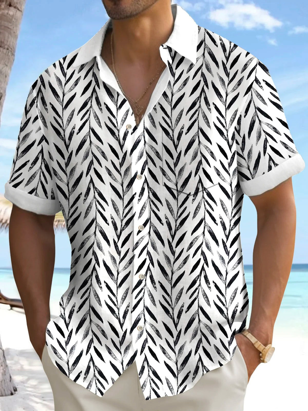 Beach Vacation Leaf Print Men's Pocket Short Sleeve Shirts