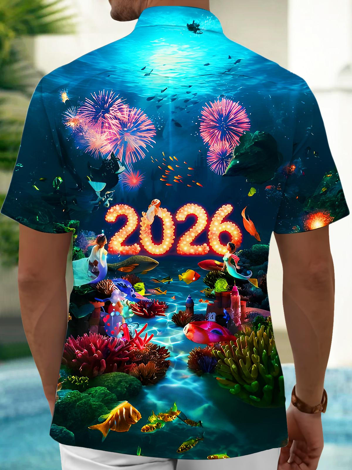 Fun Festivals 2026 New Year Underwater World Men's Pocket Short Sleeve Shirts