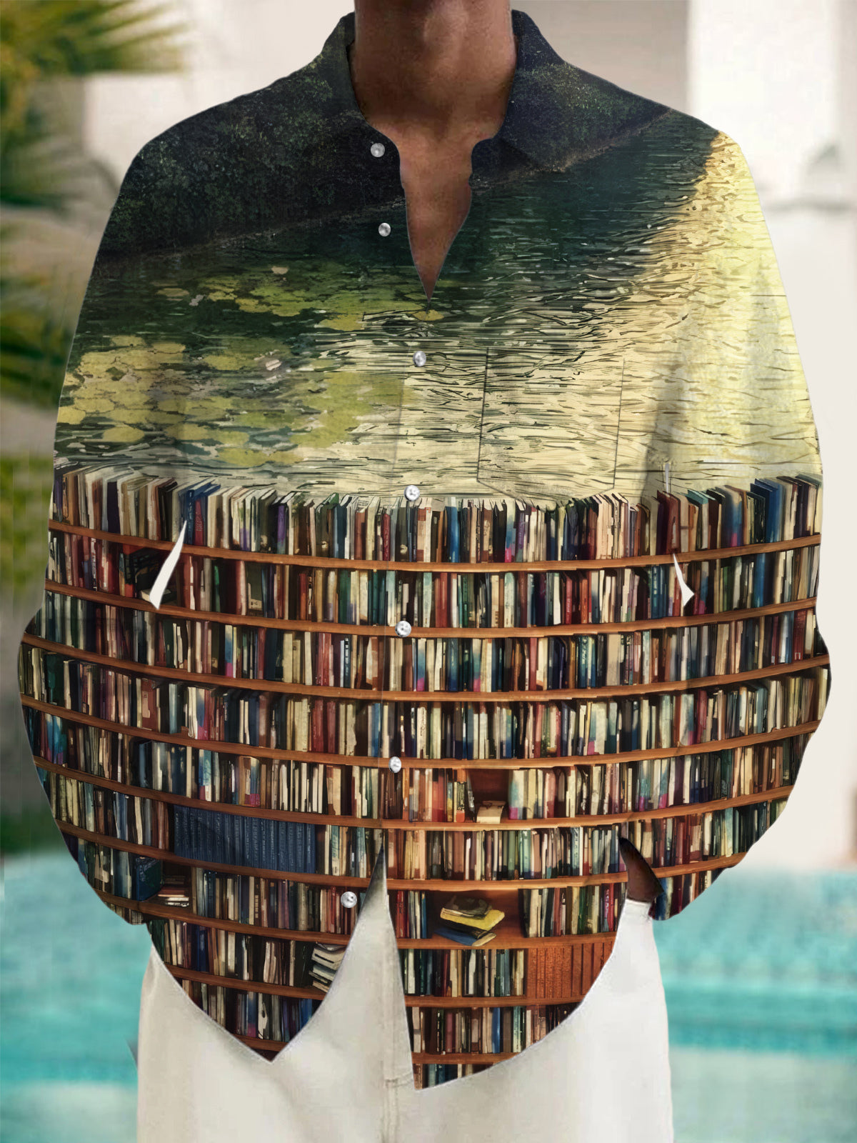 Bookshelf Canal Print Men's Pocket Long Sleeve Shirts