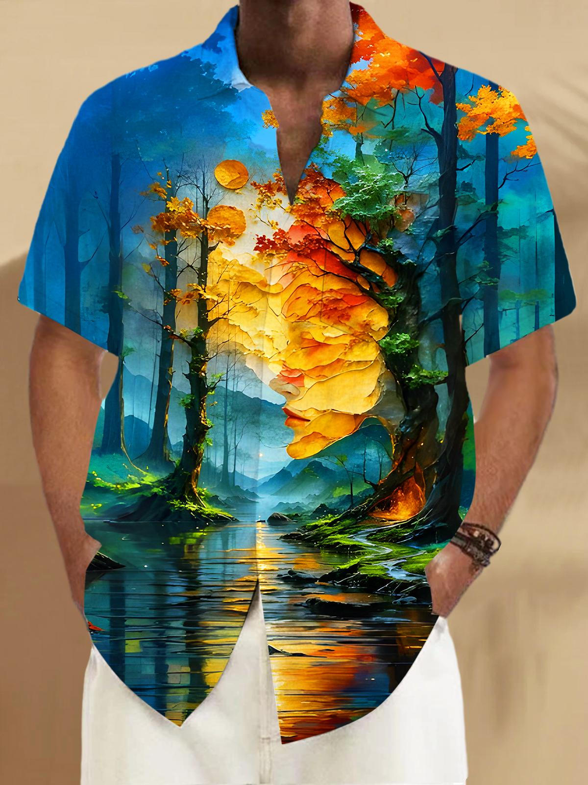 Art Face Forests Mountains Rivers Men's Pocket Short Sleeve Shirts